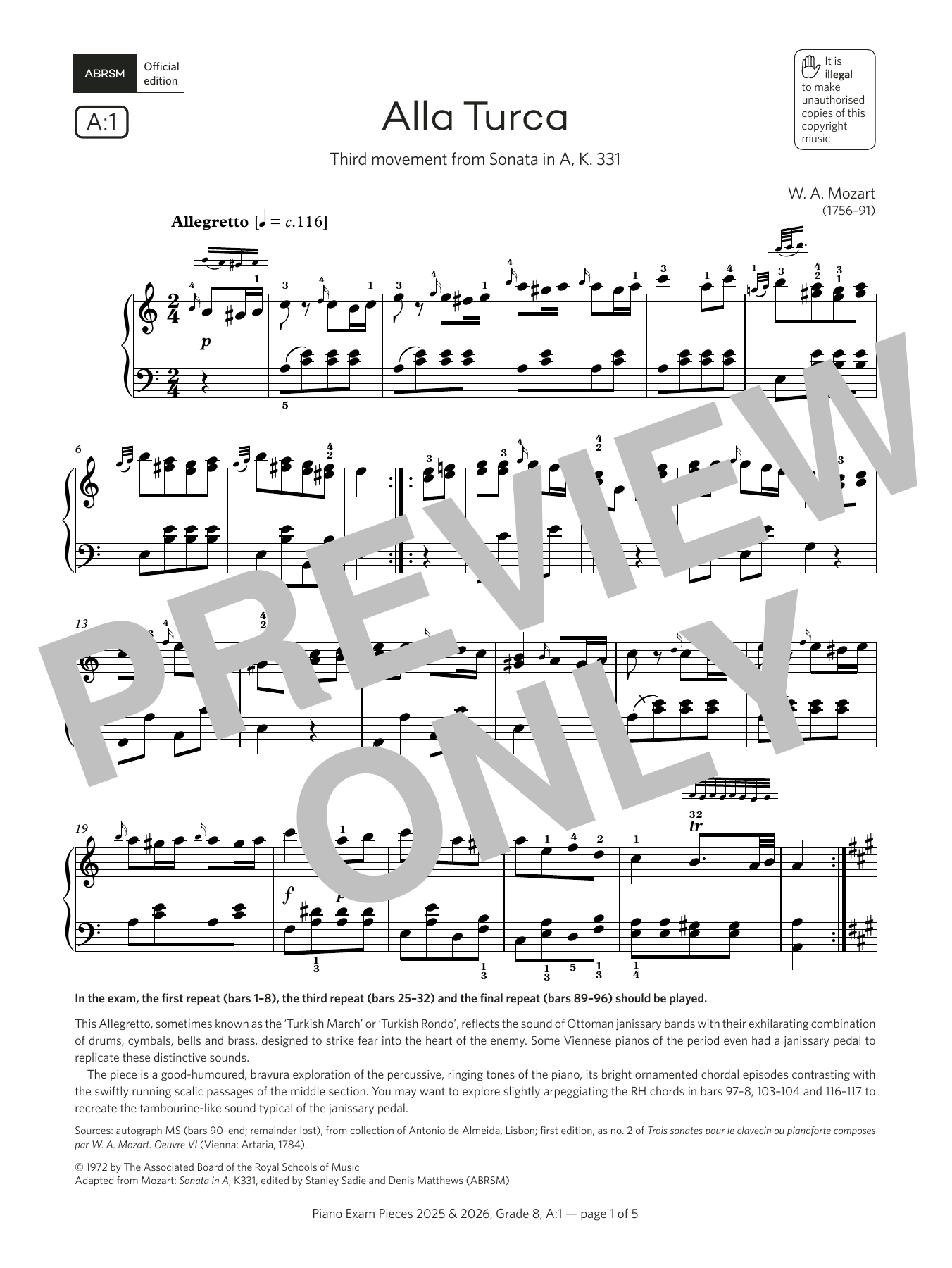 Download W. A. Mozart Alla Turca (Grade 8, list A1, from the ABRSM Piano Syllabus 2025 & 2026) Sheet Music and learn how to play Piano Solo PDF digital score in minutes