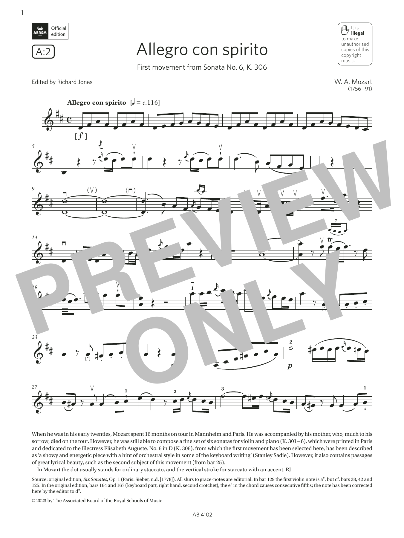 Download W. A. Mozart Allegro con spirito (Grade 8, A2, from the ABRSM Violin Syllabus from 2024) Sheet Music and learn how to play Violin Solo PDF digital score in minutes