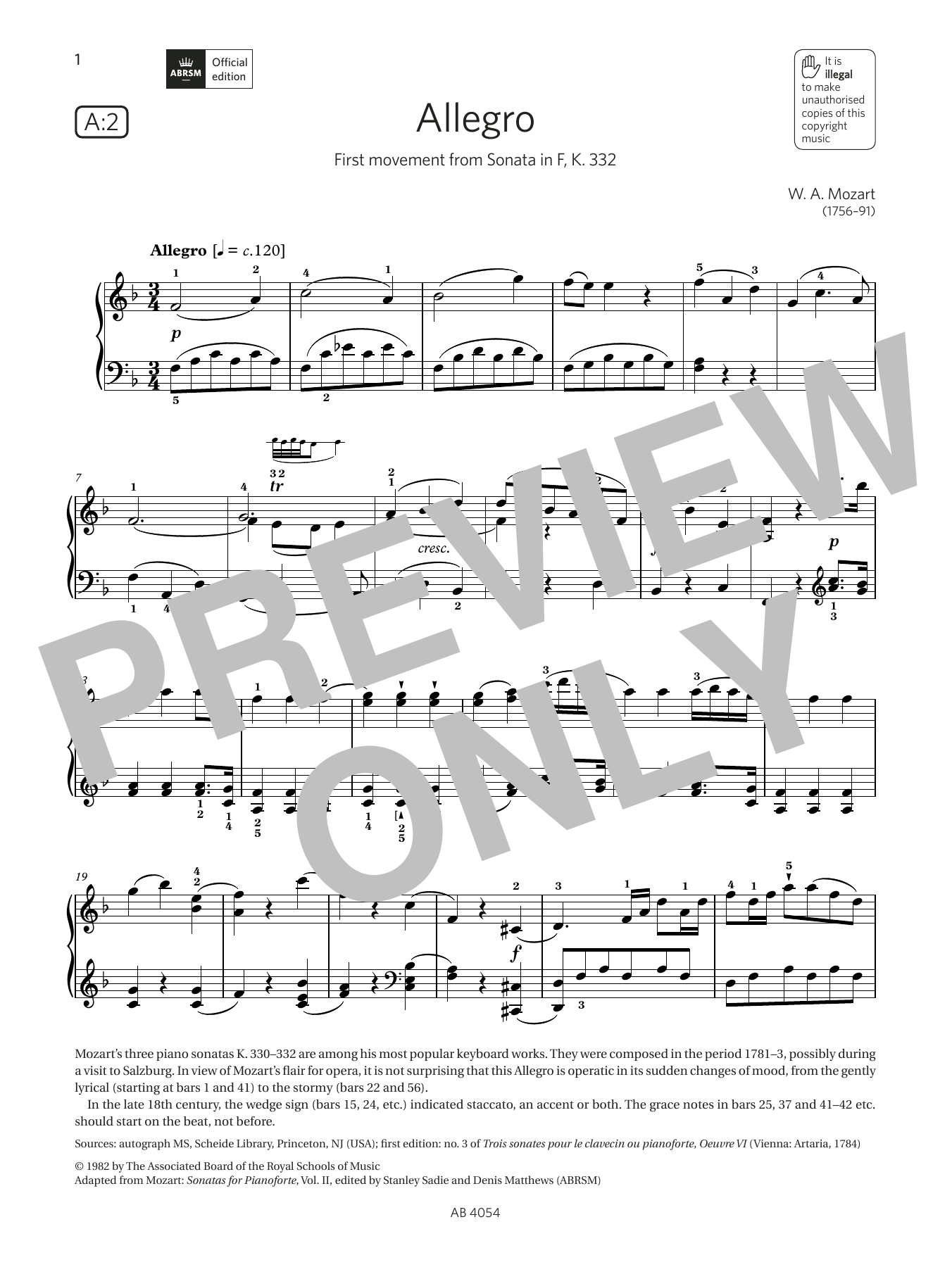 Download W A Mozart Allegro (Grade 8, list A2, from the ABRSM Piano Syllabus 2023 & 2024) Sheet Music and learn how to play Piano Solo PDF digital score in minutes