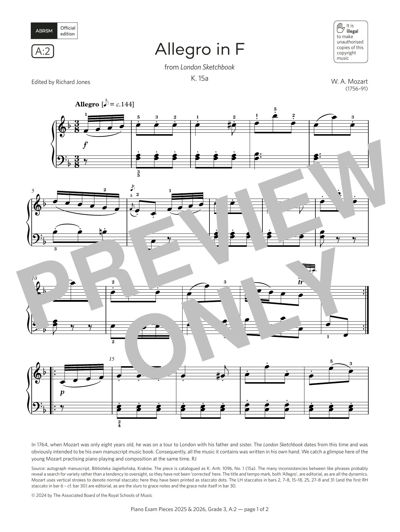 Download W. A. Mozart Allegro in F (Grade 3, list A2, from the ABRSM Piano Syllabus 2025 & 2026) Sheet Music and learn how to play Piano Solo PDF digital score in minutes