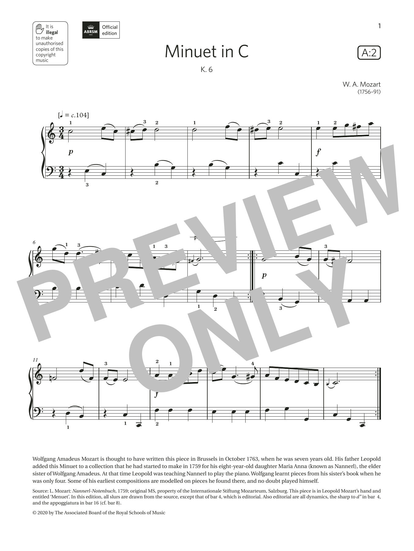 Download W. A. Mozart Minuet in C (Grade 1, list A2, from the ABRSM Piano Syllabus 2021 & 2022) Sheet Music and learn how to play Piano Solo PDF digital score in minutes