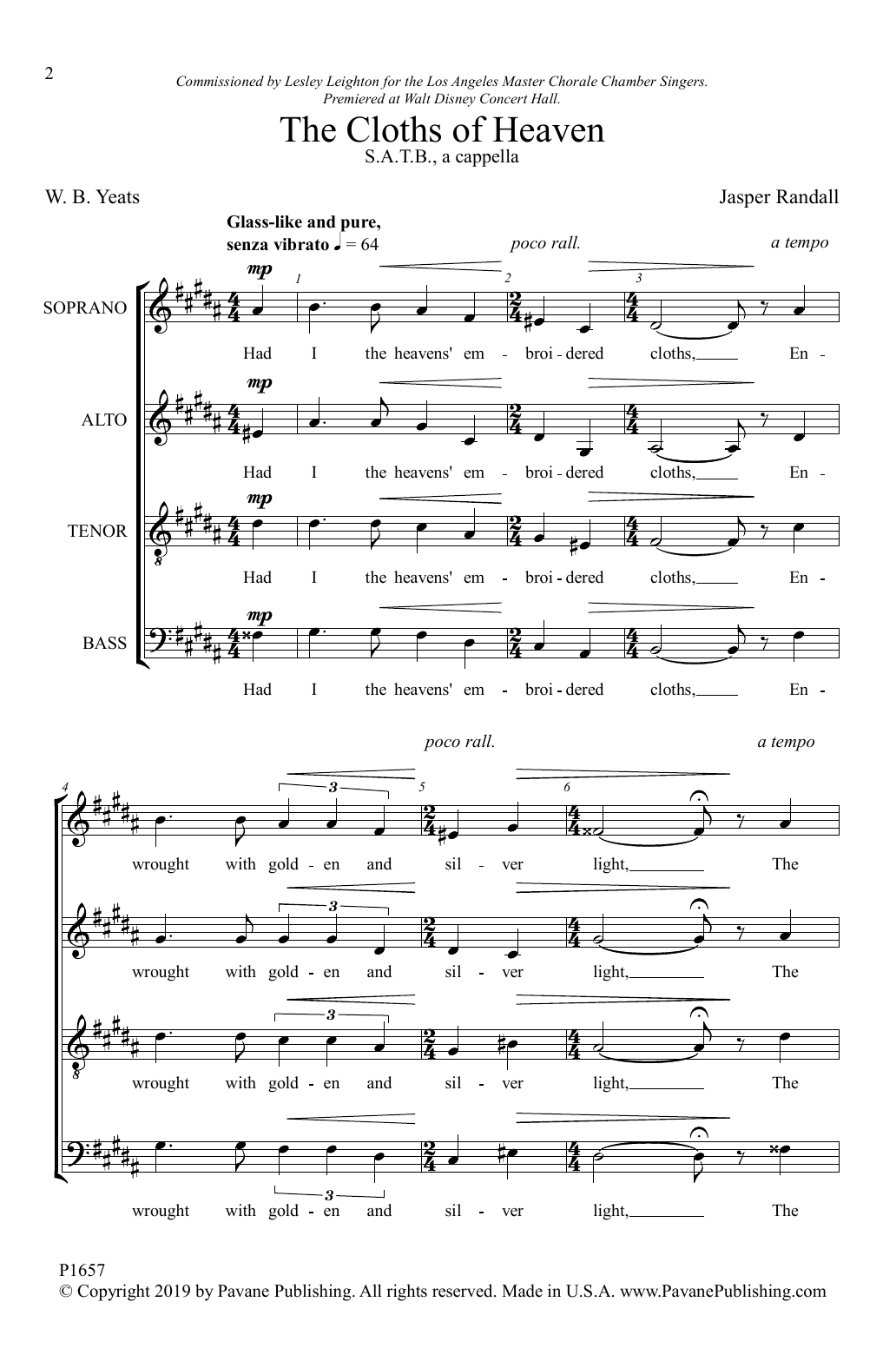 Download W. B. Yeats and Jasper Randall The Cloths of Heaven Sheet Music and learn how to play SATB Choir PDF digital score in minutes