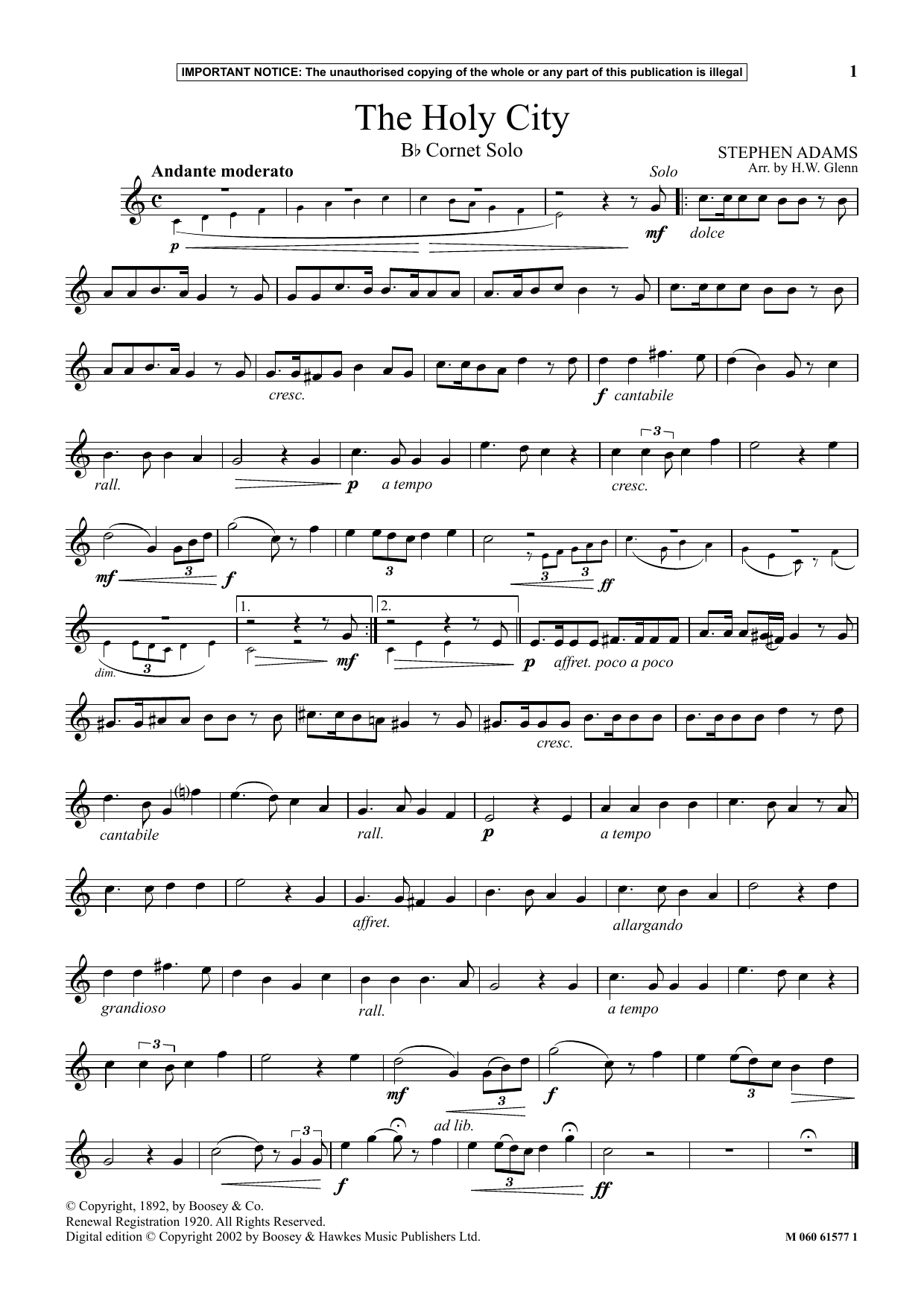 Download W. H. Glenn The Holy City Sheet Music and learn how to play Instrumental Solo PDF digital score in minutes