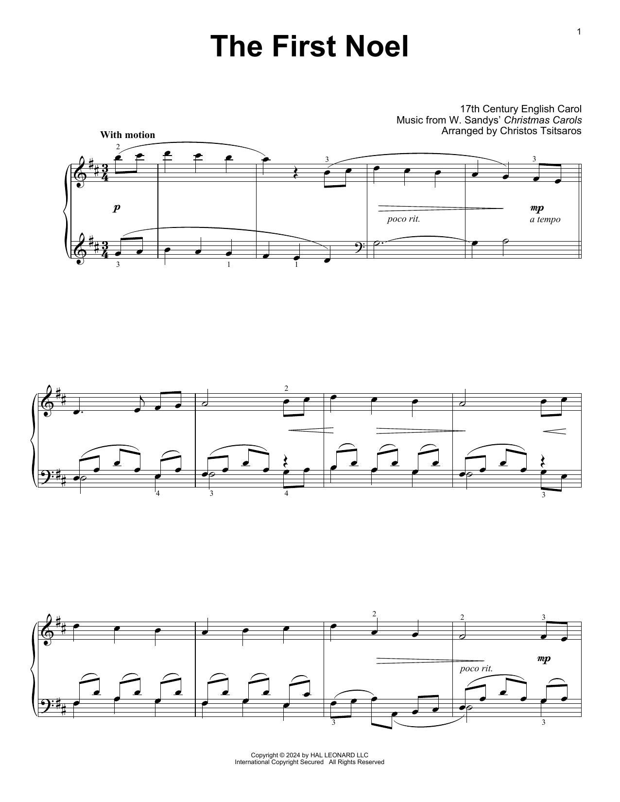 Download W. Sandys' Christmas Carols The First Noel (arr. Christos Tsitsaros) Sheet Music and learn how to play Easy Piano Solo PDF digital score in minutes