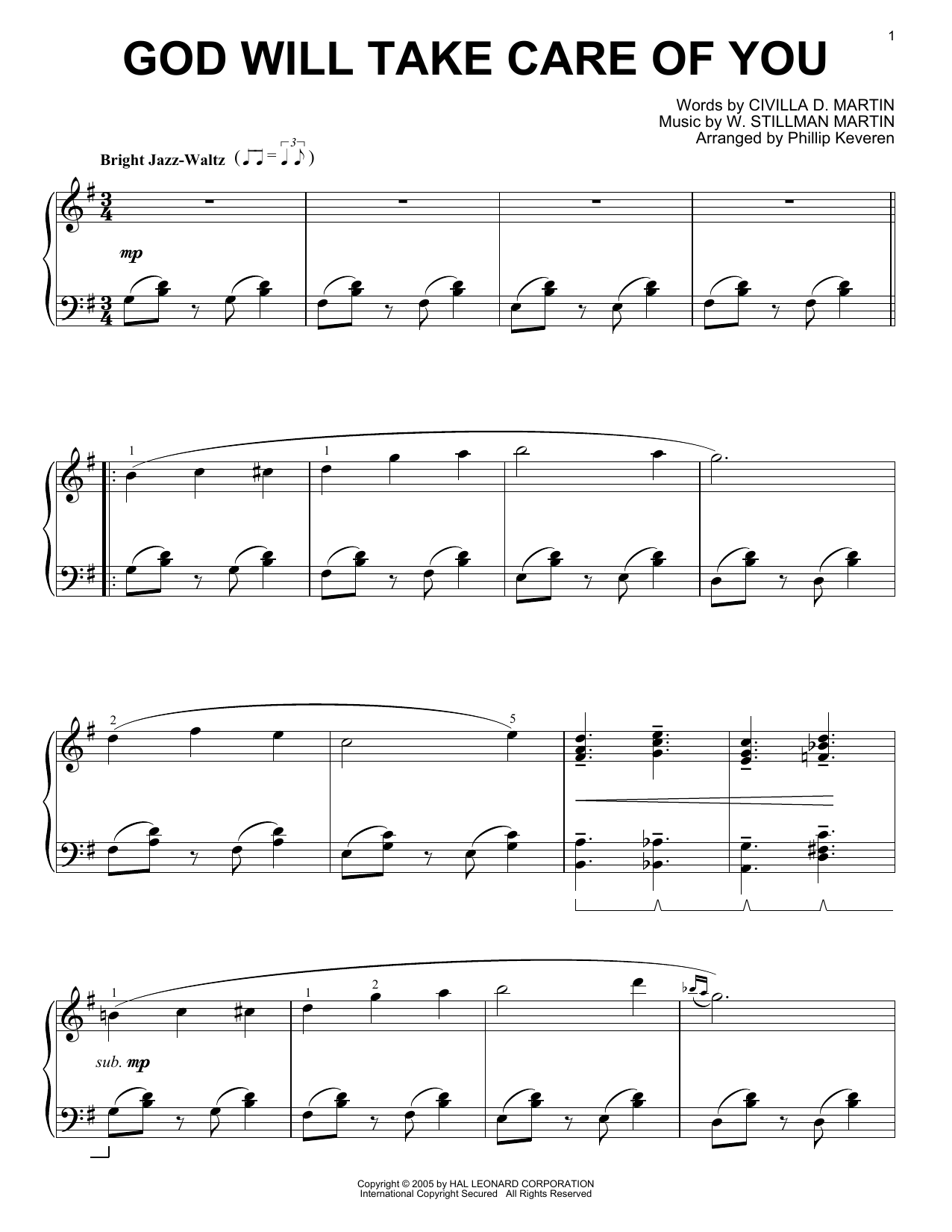 Download W. Stillman Martin God Will Take Care Of You [Jazz version] (arr. Phillip Keveren) Sheet Music and learn how to play Piano Solo PDF digital score in minutes