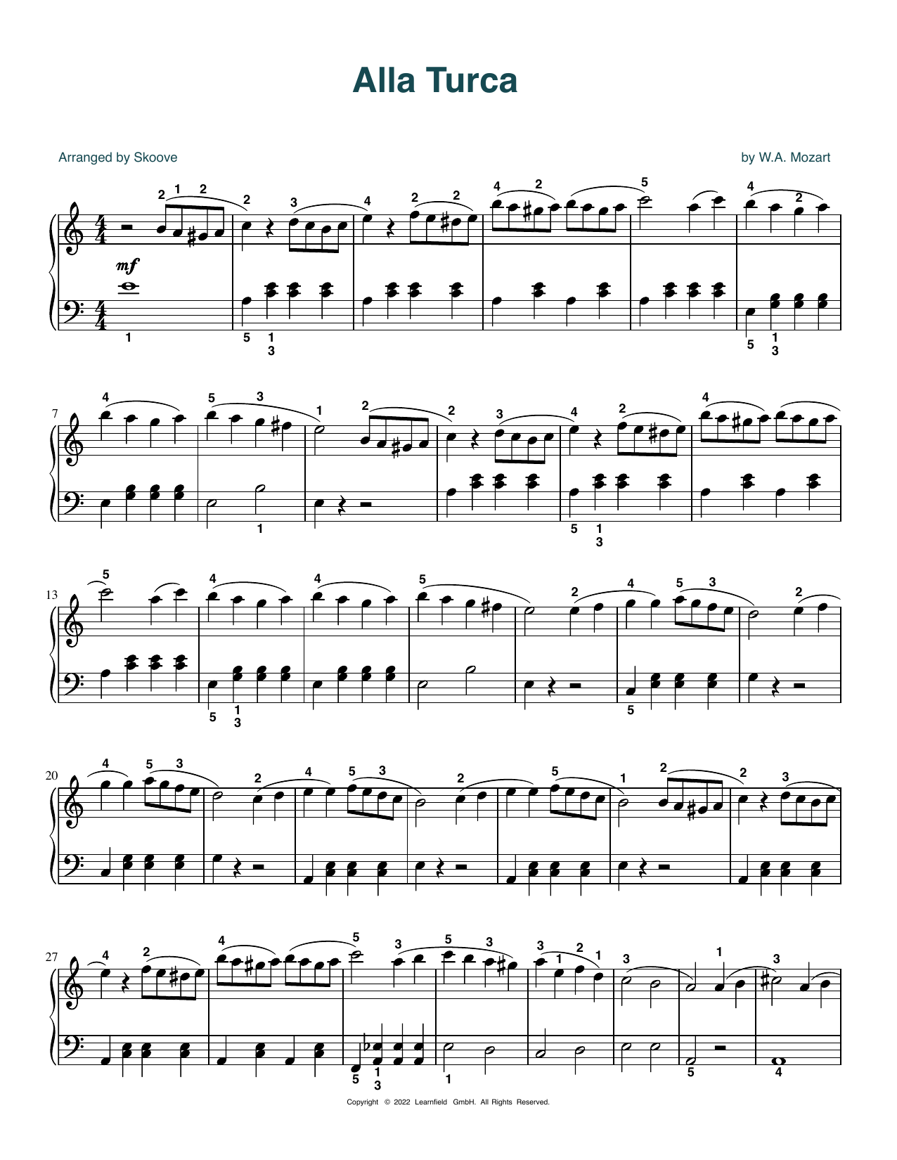 Download W.A. Mozart Alla Turca (arr. Skoove) Sheet Music and learn how to play Easy Piano PDF digital score in minutes