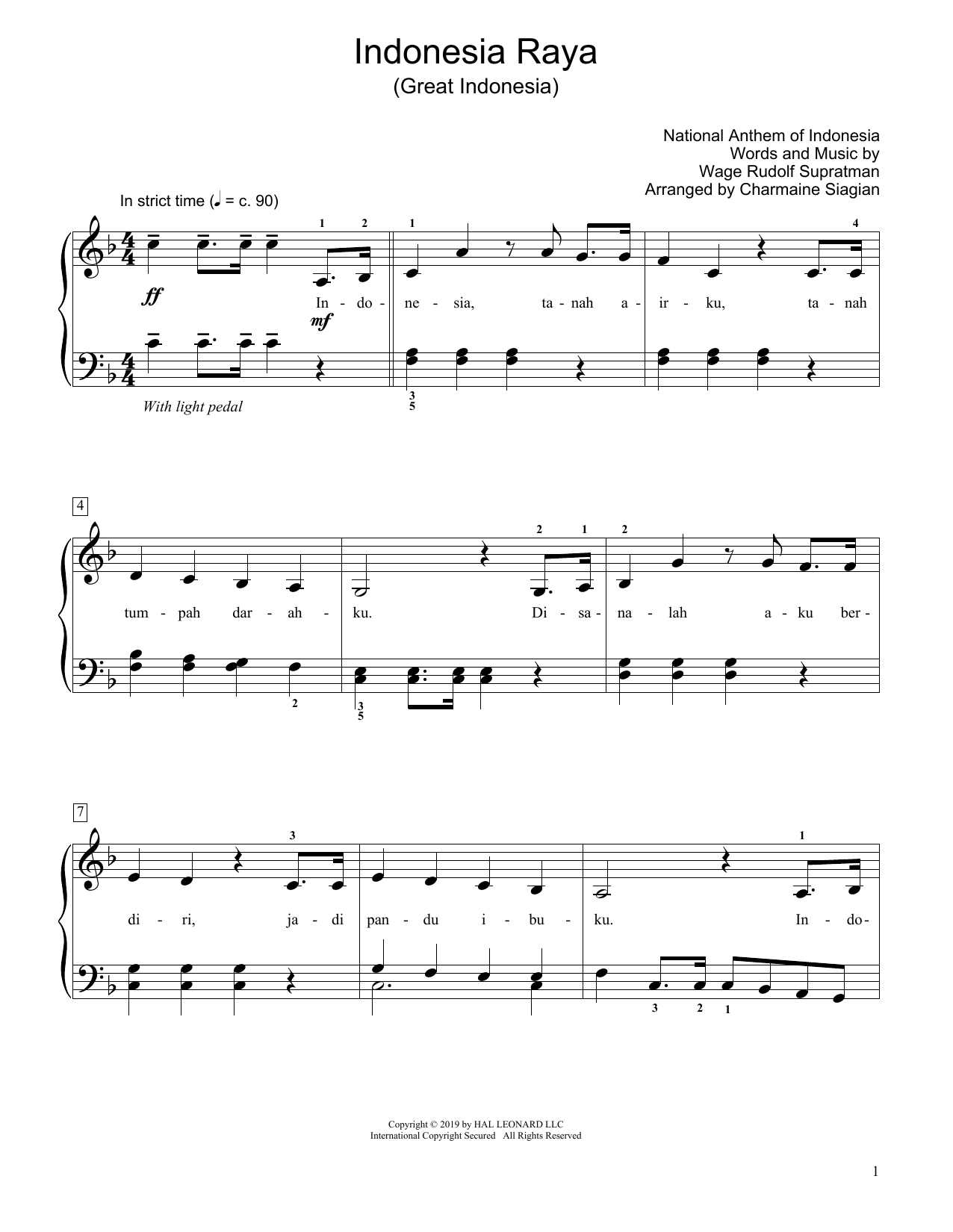 Download Wage Rudolf Supratman Great Indonesia (Indonesia Raya) (arr. Charmaine Siagian) Sheet Music and learn how to play Educational Piano PDF digital score in minutes