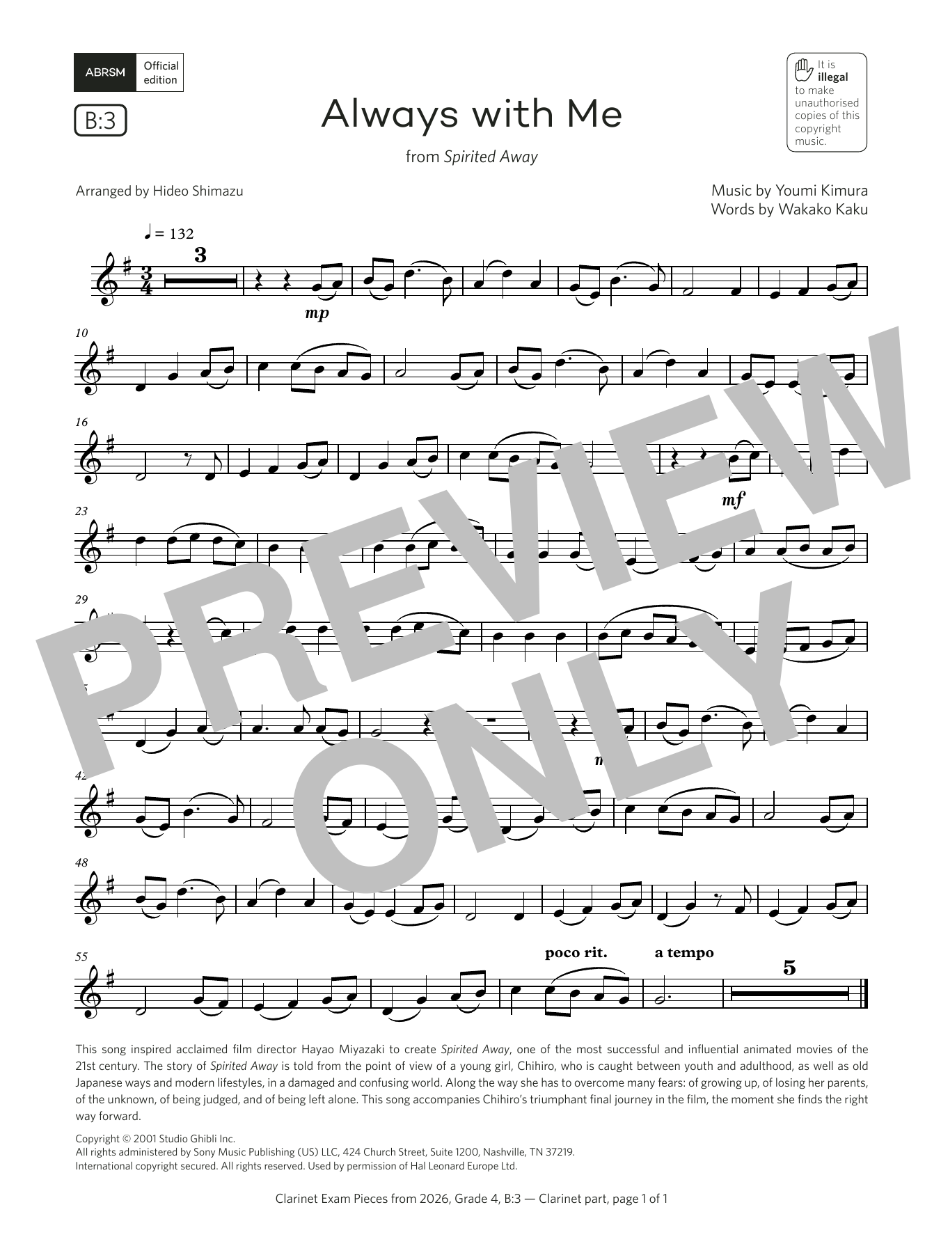 Download Wakako Kaku Always with Me (Grade 4, list B3, from the ABRSM Clarinet Syllabus from 2026) Sheet Music and learn how to play Clarinet Solo PDF digital score in minutes