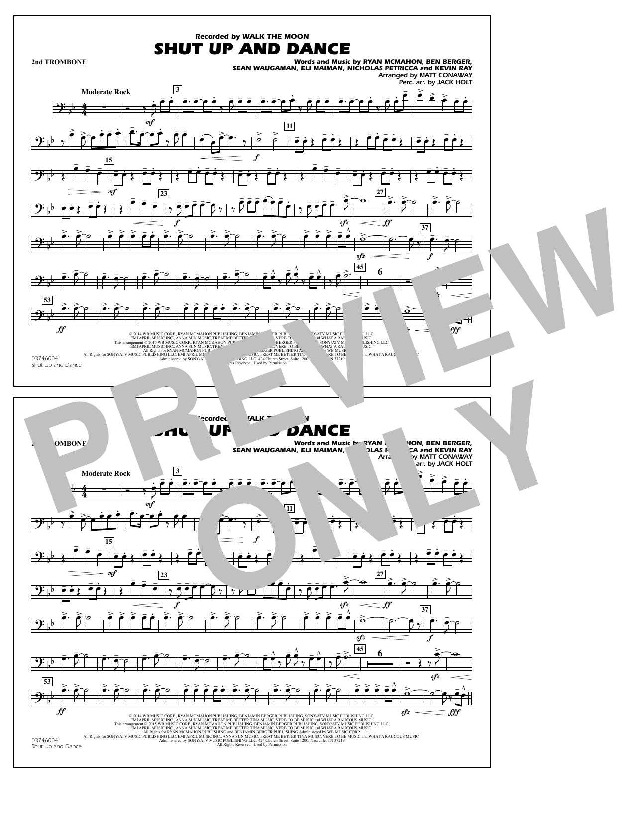 Download Walk The Moon Shut Up and Dance (Arr. Matt Conaway) - 2nd Trombone Sheet Music and learn how to play Marching Band PDF digital score in minutes