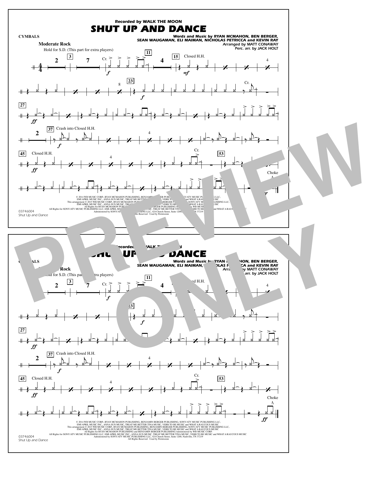 Download Walk The Moon Shut Up and Dance (Arr. Matt Conaway) - Cymbals Sheet Music and learn how to play Marching Band PDF digital score in minutes