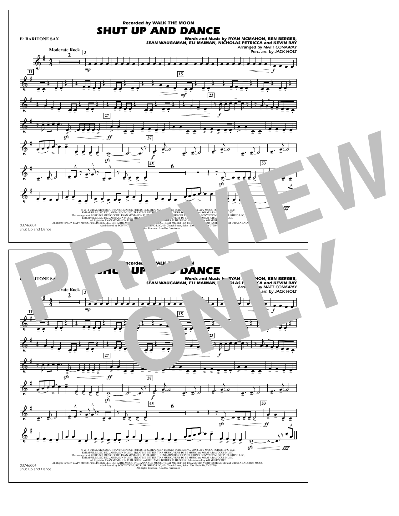 Download Walk The Moon Shut Up and Dance (Arr. Matt Conaway) - Eb Baritone Sax Sheet Music and learn how to play Marching Band PDF digital score in minutes