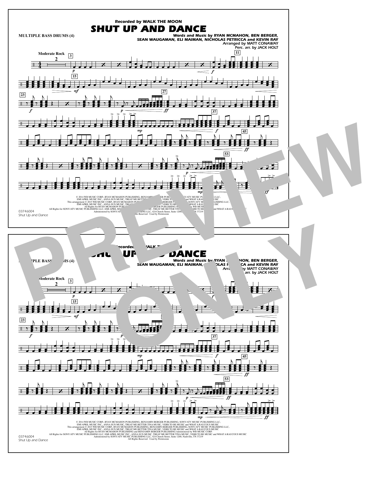 Download Walk The Moon Shut Up and Dance (Arr. Matt Conaway) - Multiple Bass Drums Sheet Music and learn how to play Marching Band PDF digital score in minutes