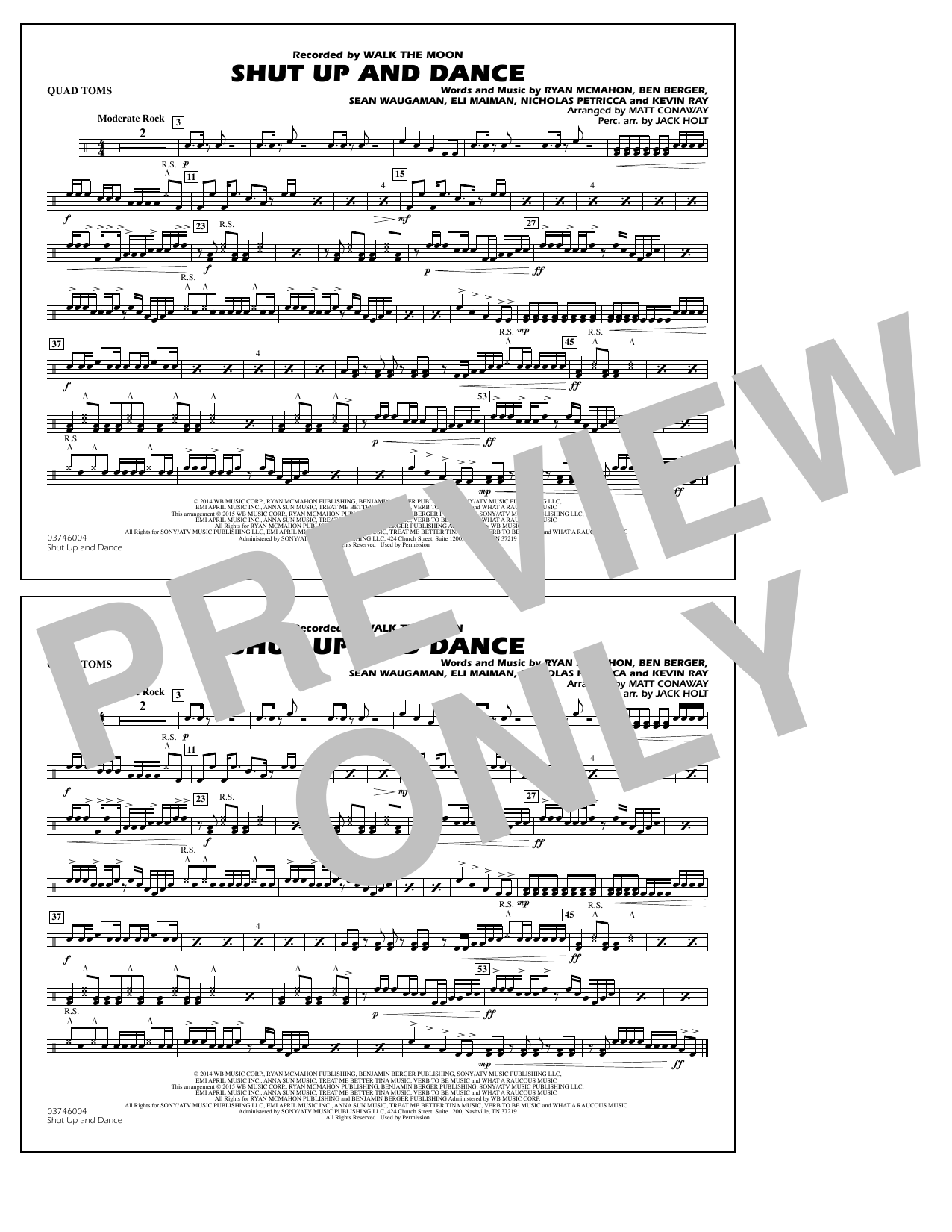 Download Walk The Moon Shut Up and Dance (Arr. Matt Conaway) - Quad Toms Sheet Music and learn how to play Marching Band PDF digital score in minutes