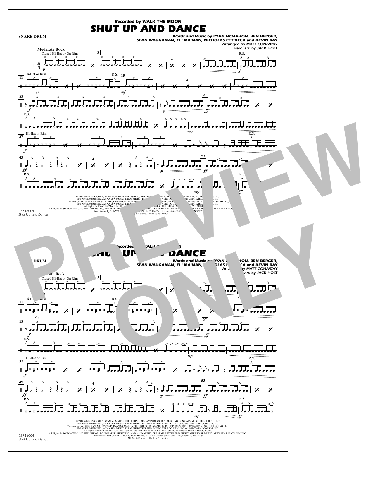 Download Walk The Moon Shut Up and Dance (Arr. Matt Conaway) - Snare Drum Sheet Music and learn how to play Marching Band PDF digital score in minutes