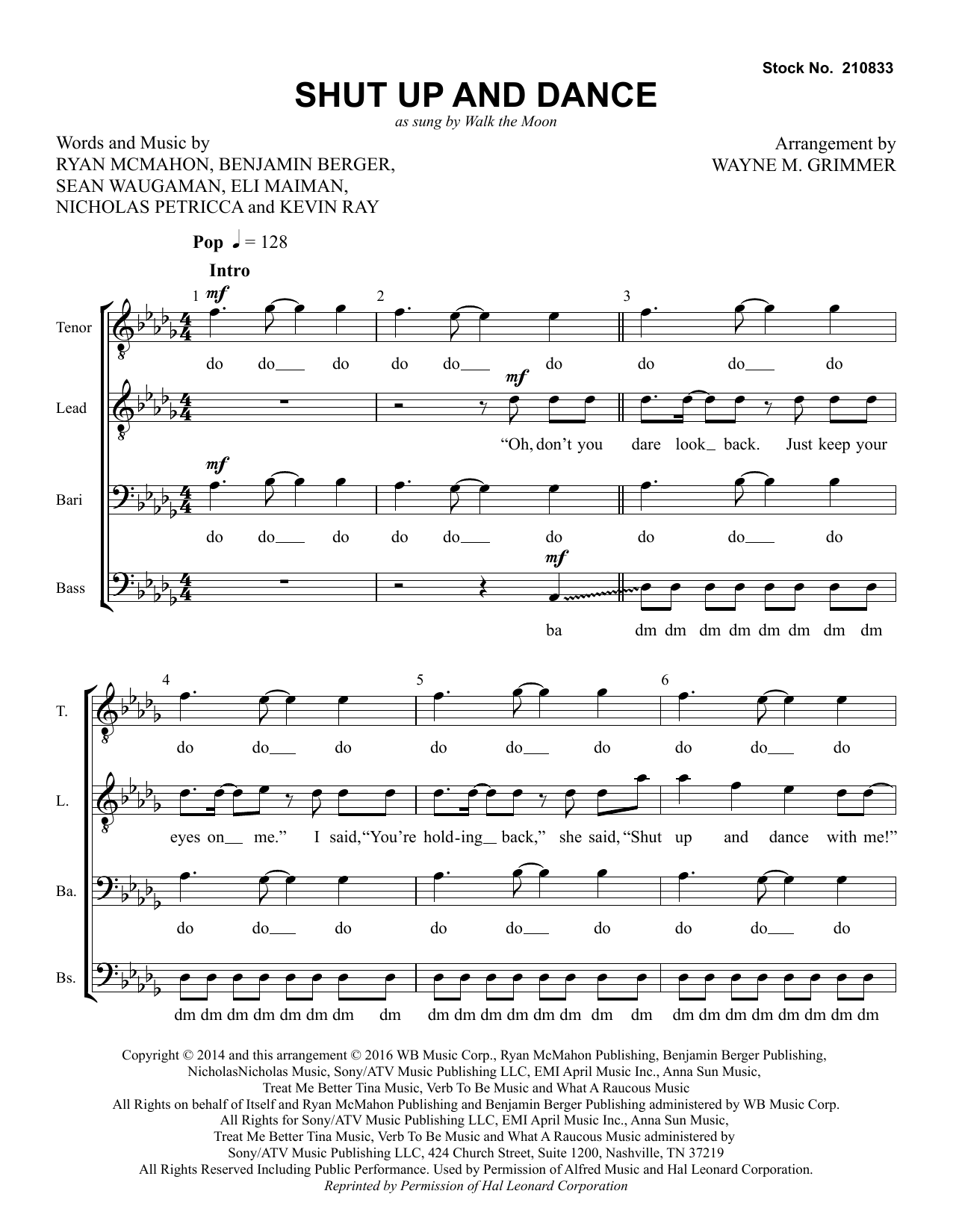 Download Walk The Moon Shut Up and Dance (arr. Wayne Grimmer) Sheet Music and learn how to play TTBB Choir PDF digital score in minutes