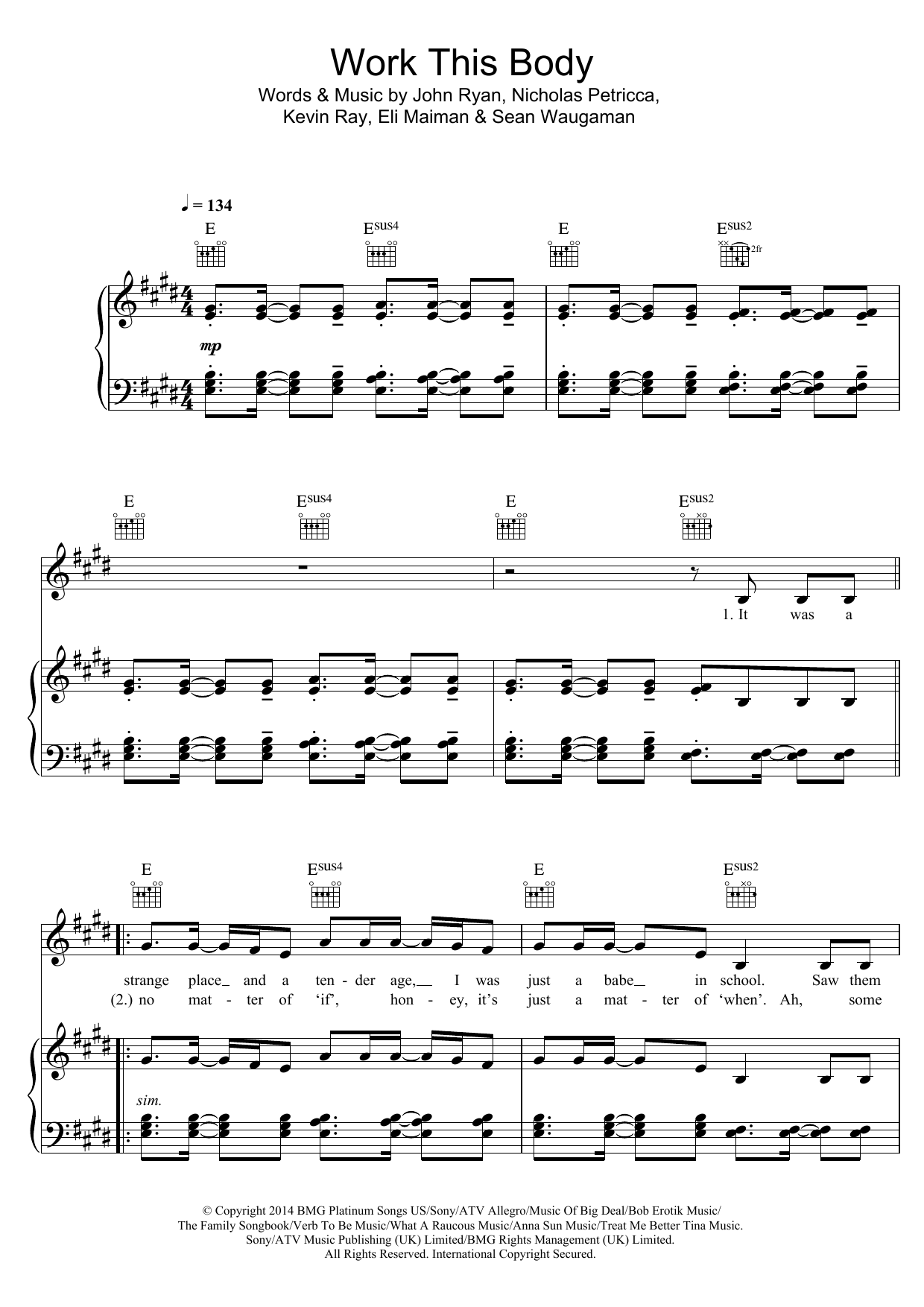 Download Walk The Moon Work This Body Sheet Music and learn how to play Piano, Vocal & Guitar (Right-Hand Melody) PDF digital score in minutes