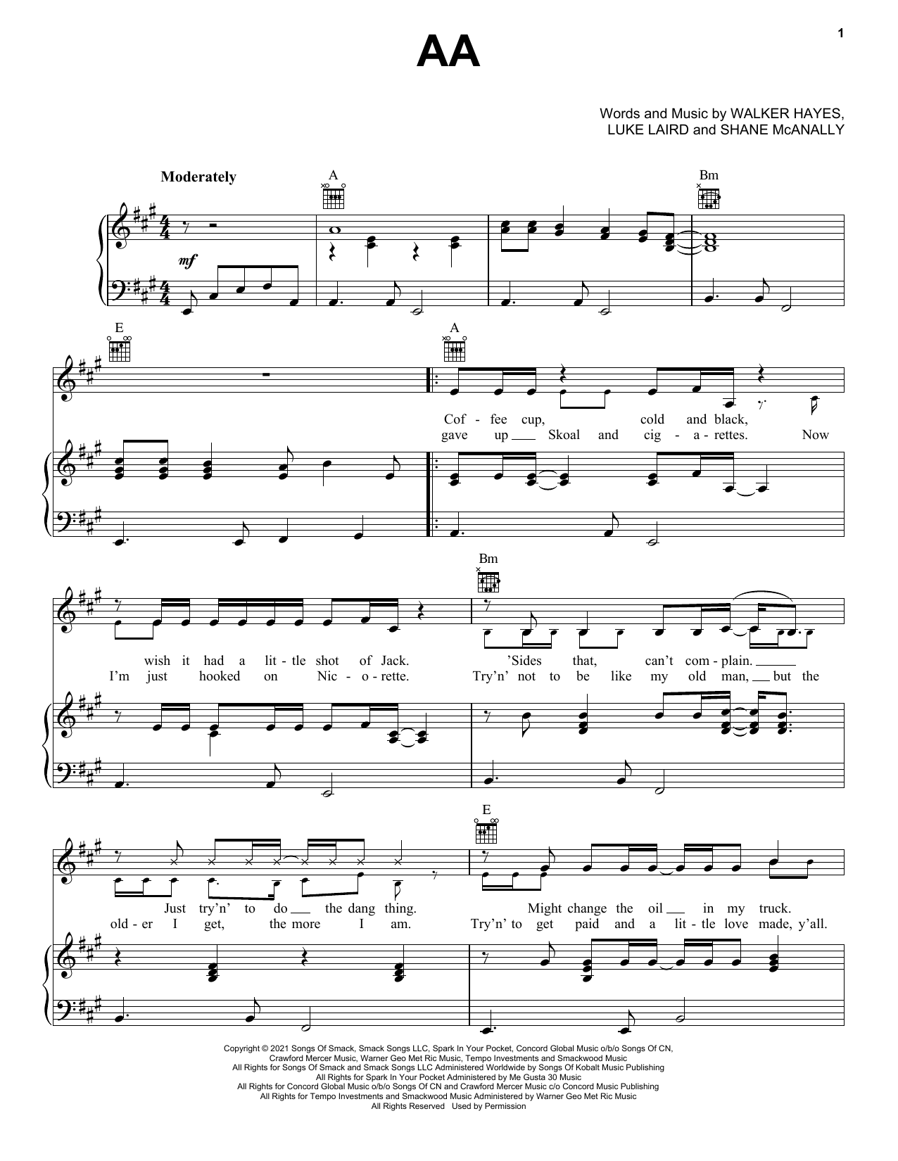 Download Walker Hayes AA Sheet Music and learn how to play Piano, Vocal & Guitar Chords (Right-Hand Melody) PDF digital score in minutes