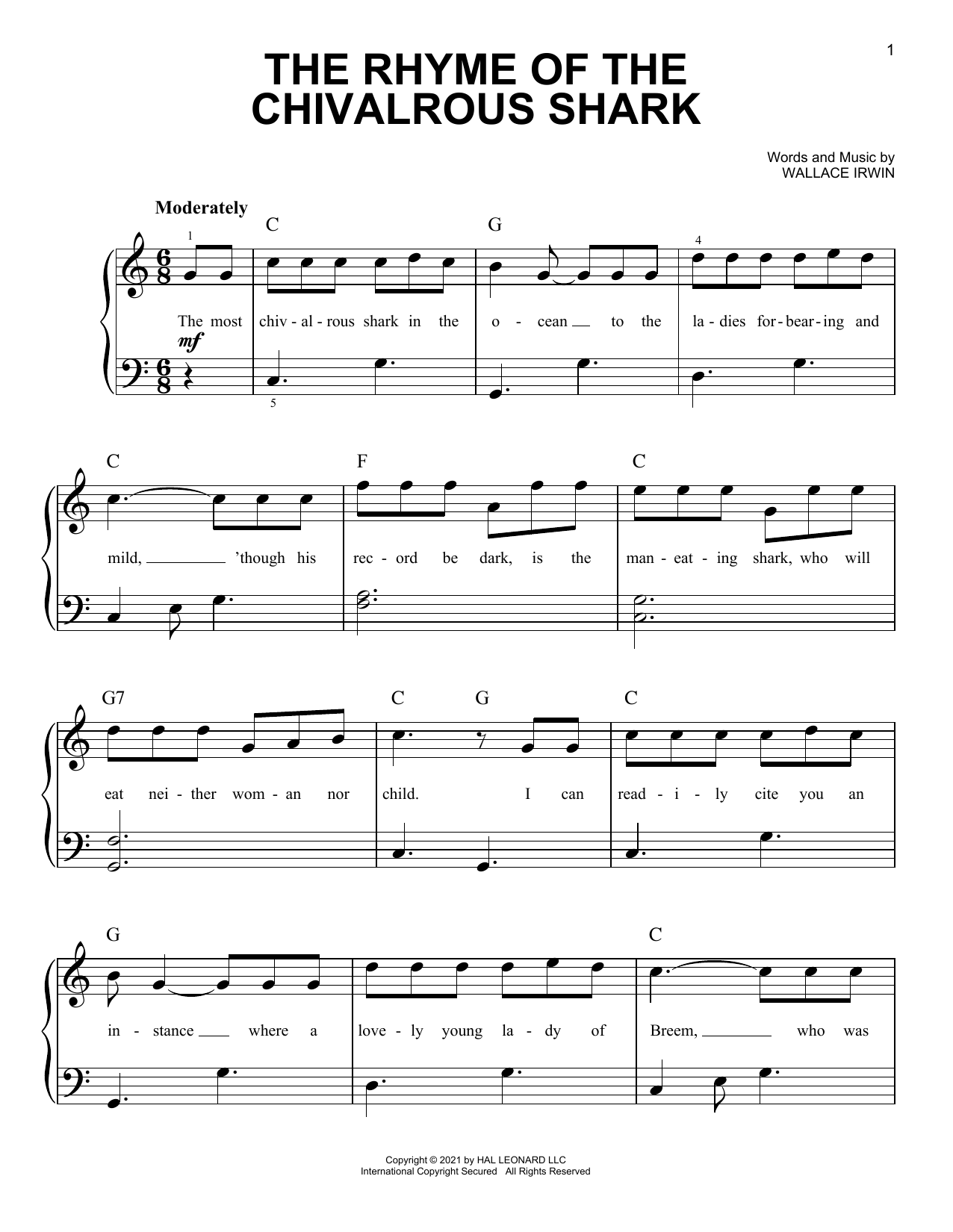 Download Wallace Irwin The Rhyme Of The Chivalrous Shark Sheet Music and learn how to play Easy Piano PDF digital score in minutes