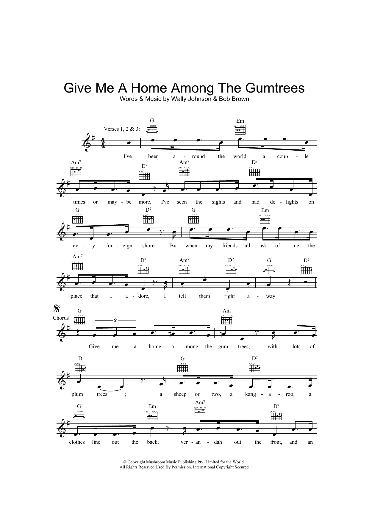 Download Wally Johnson Give Me A Home Among The Gumtrees Sheet Music and learn how to play Melody Line, Lyrics & Chords PDF digital score in minutes