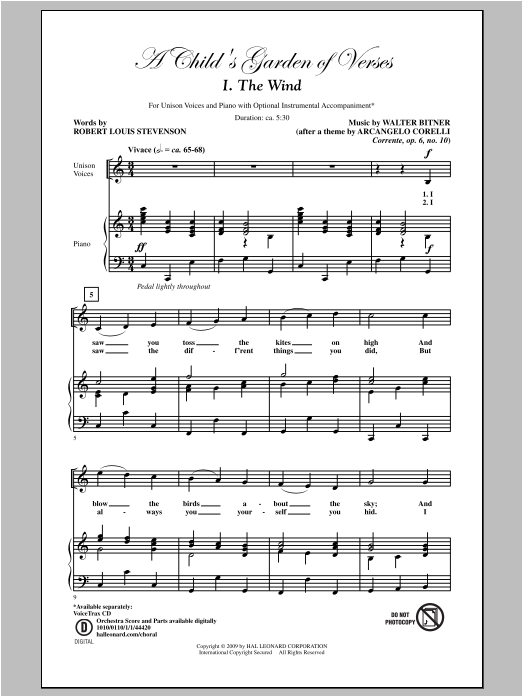 Download Walter Bitner A Child's Garden of Verses (Set I) Sheet Music and learn how to play Unison Voice PDF digital score in minutes