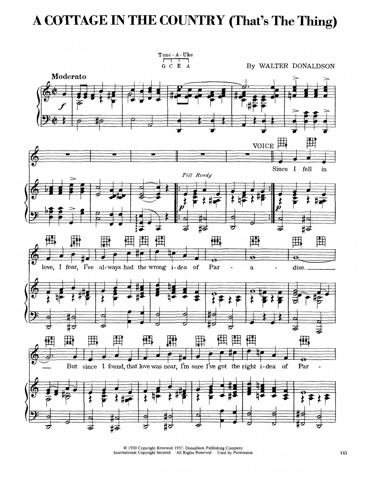 Download Walter Donaldson A Cottage In The Country (That's The Thing) Sheet Music and learn how to play Piano, Vocal & Guitar Chords (Right-Hand Melody) PDF digital score in minutes