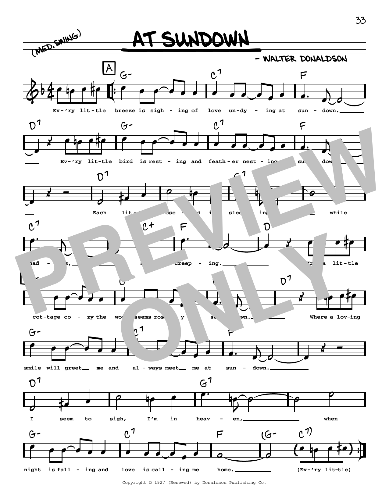 Download Walter Donaldson At Sundown (arr. Robert Rawlins) Sheet Music and learn how to play Real Book – Melody, Lyrics & Chords PDF digital score in minutes