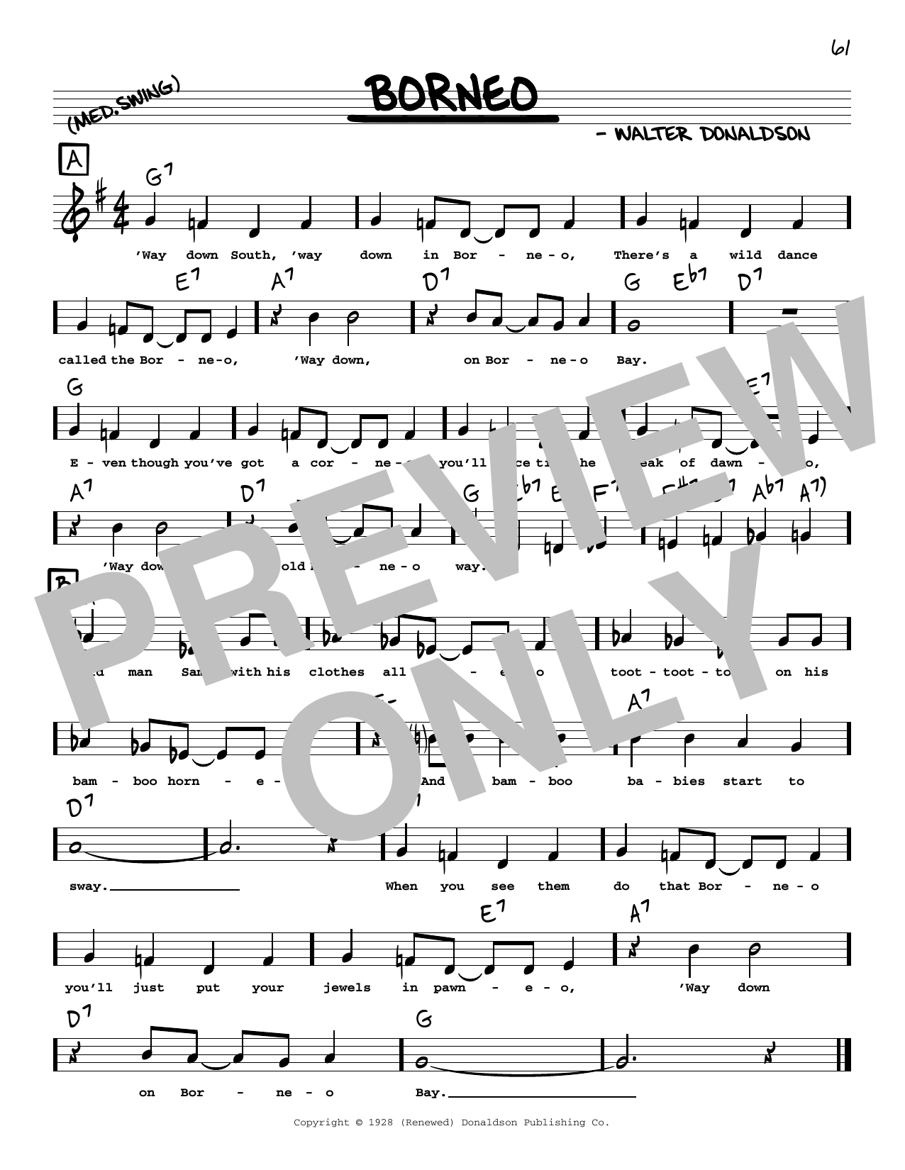 Download Walter Donaldson Borneo (arr. Robert Rawlins) Sheet Music and learn how to play Real Book – Melody, Lyrics & Chords PDF digital score in minutes