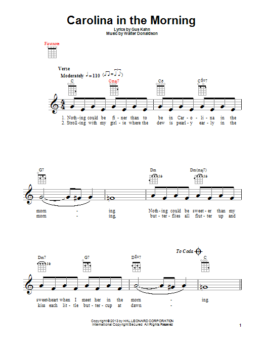 Download Walter Donaldson Carolina In The Morning Sheet Music and learn how to play Ukulele PDF digital score in minutes