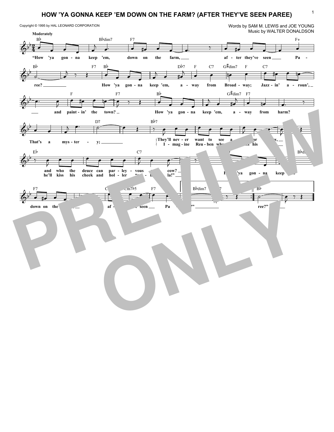 Download Walter Donaldson How 'Ya Gonna Keep 'em Down On The Farm? (After They've Seen Paree) Sheet Music and learn how to play Melody Line, Lyrics & Chords PDF digital score in minutes