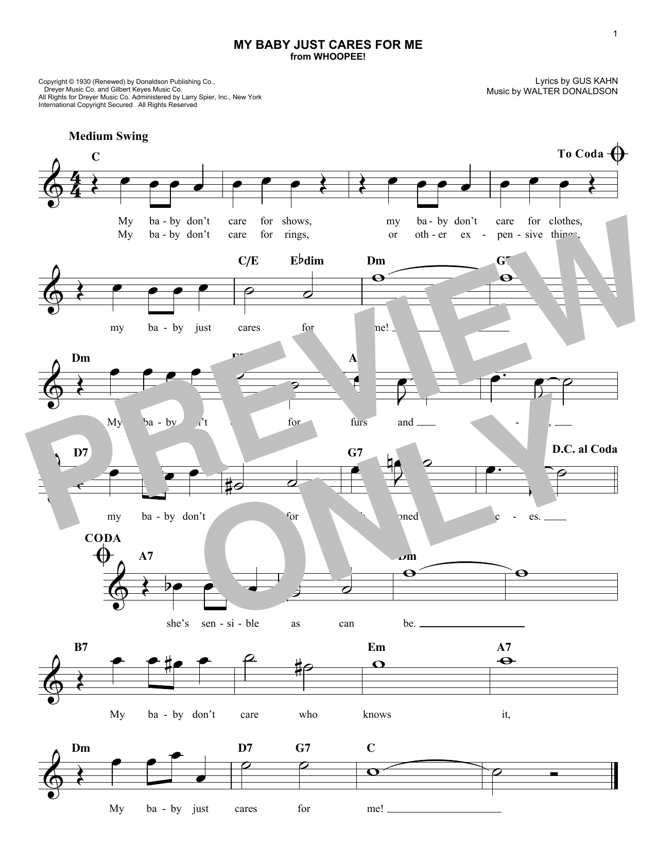 Download Walter Donaldson My Baby Just Cares For Me Sheet Music and learn how to play Melody Line, Lyrics & Chords PDF digital score in minutes