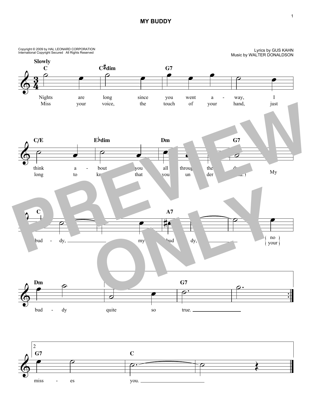Download Walter Donaldson My Buddy Sheet Music and learn how to play Melody Line, Lyrics & Chords PDF digital score in minutes