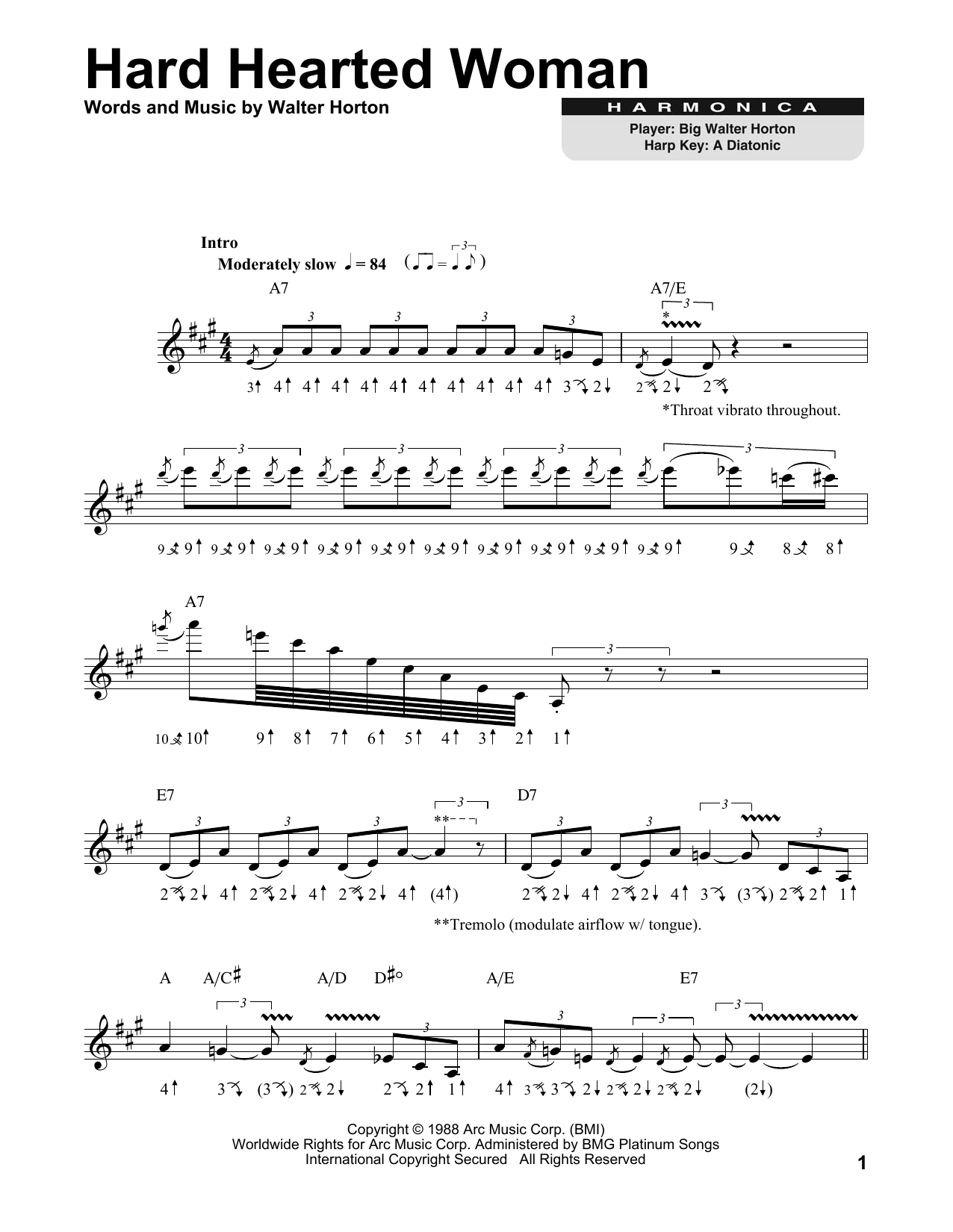 Download Walter Horton Hard Hearted Woman Sheet Music and learn how to play Harmonica PDF digital score in minutes