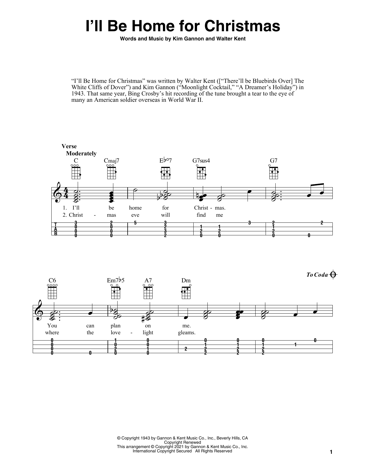 Download Walter Kent I'll Be Home For Christmas (arr. Fred Sokolow) Sheet Music and learn how to play Ukulele PDF digital score in minutes