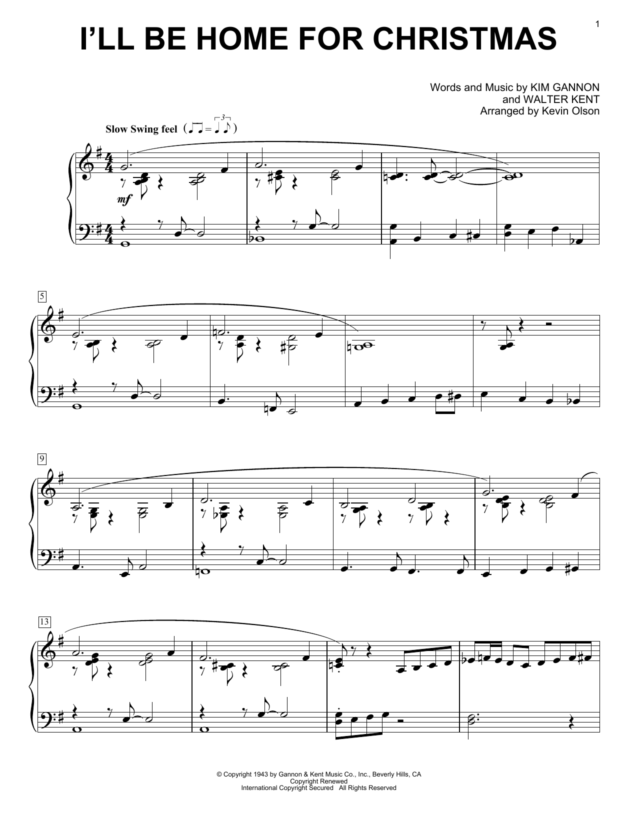 Download Walter Kent I'll Be Home For Christmas (arr. Kevin Olson) Sheet Music and learn how to play Easy Piano Solo PDF digital score in minutes