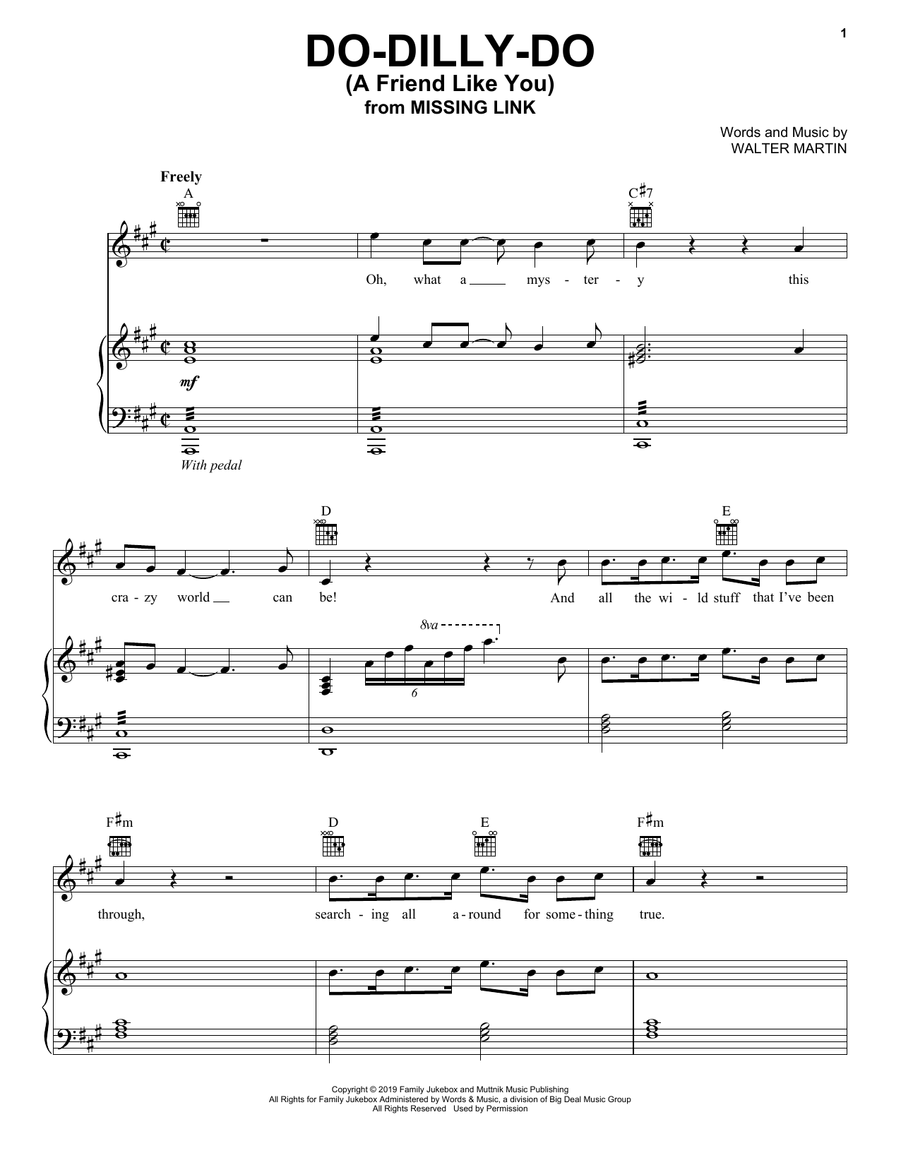 Download Walter Martin Do-Dilly-Do (A Friend Like You) (from Missing Link) Sheet Music and learn how to play Piano, Vocal & Guitar Chords (Right-Hand Melody) PDF digital score in minutes