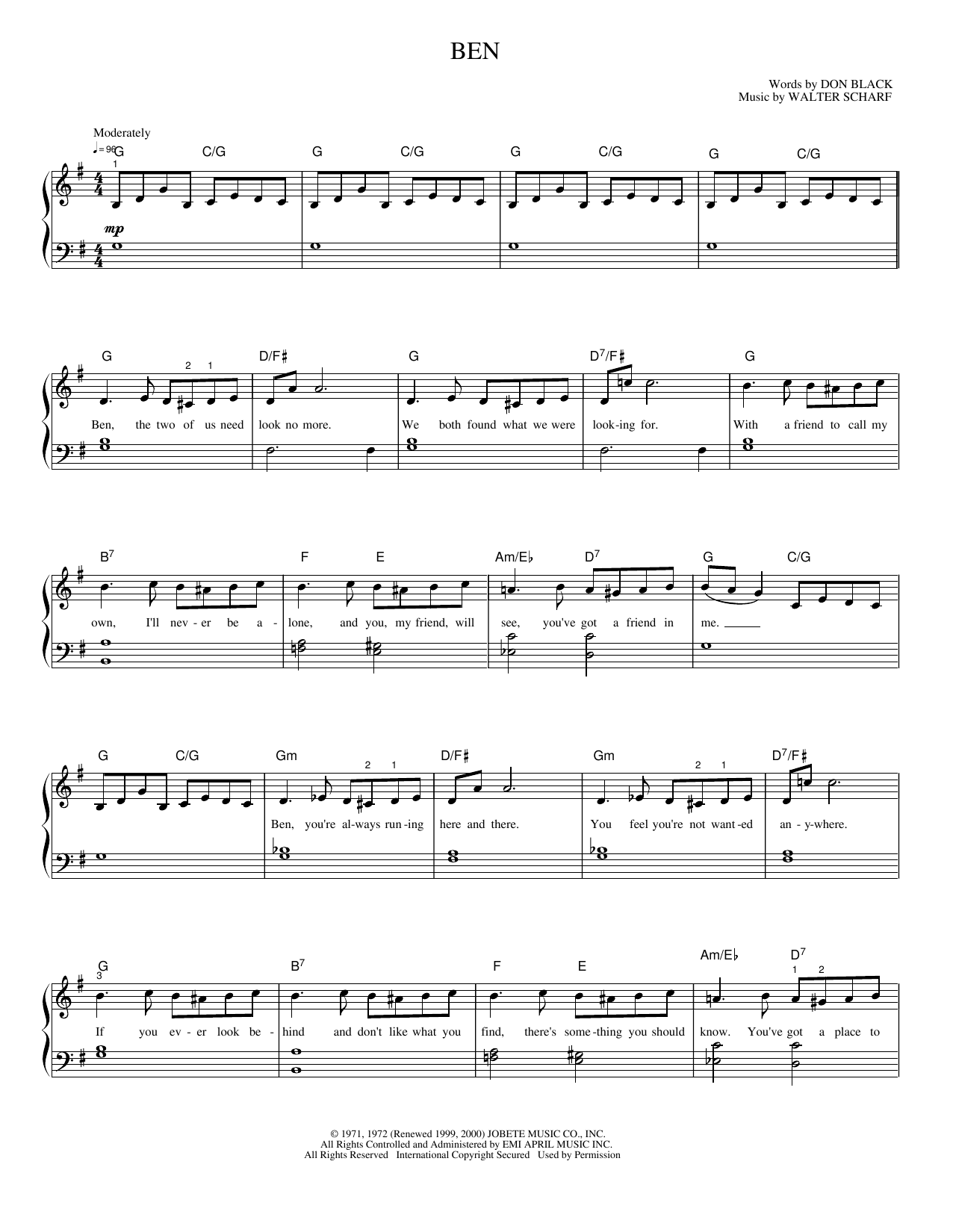 Download Walter Scharf Ben Sheet Music and learn how to play Piano, Vocal & Guitar Chords (Right-Hand Melody) PDF digital score in minutes