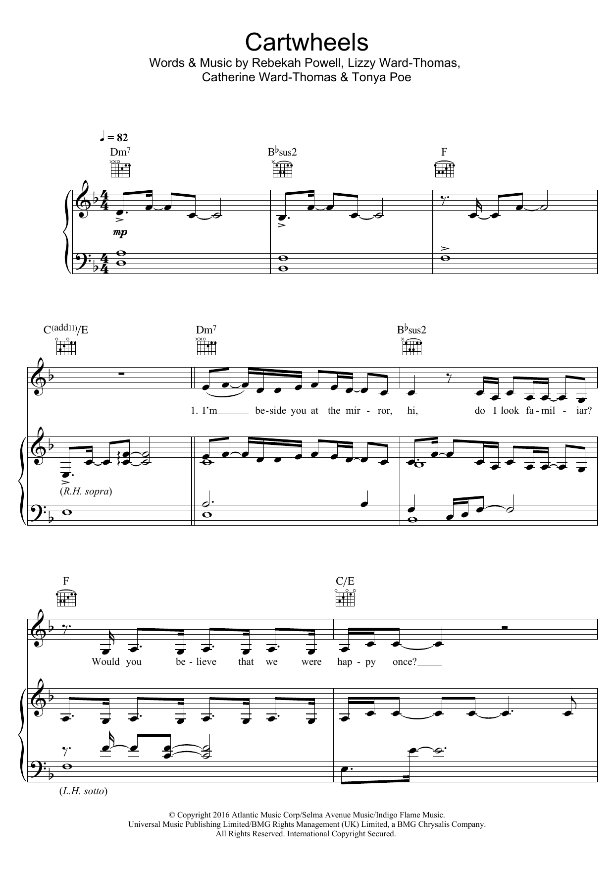 Download Ward Thomas Cartwheels Sheet Music and learn how to play Piano, Vocal & Guitar (Right-Hand Melody) PDF digital score in minutes