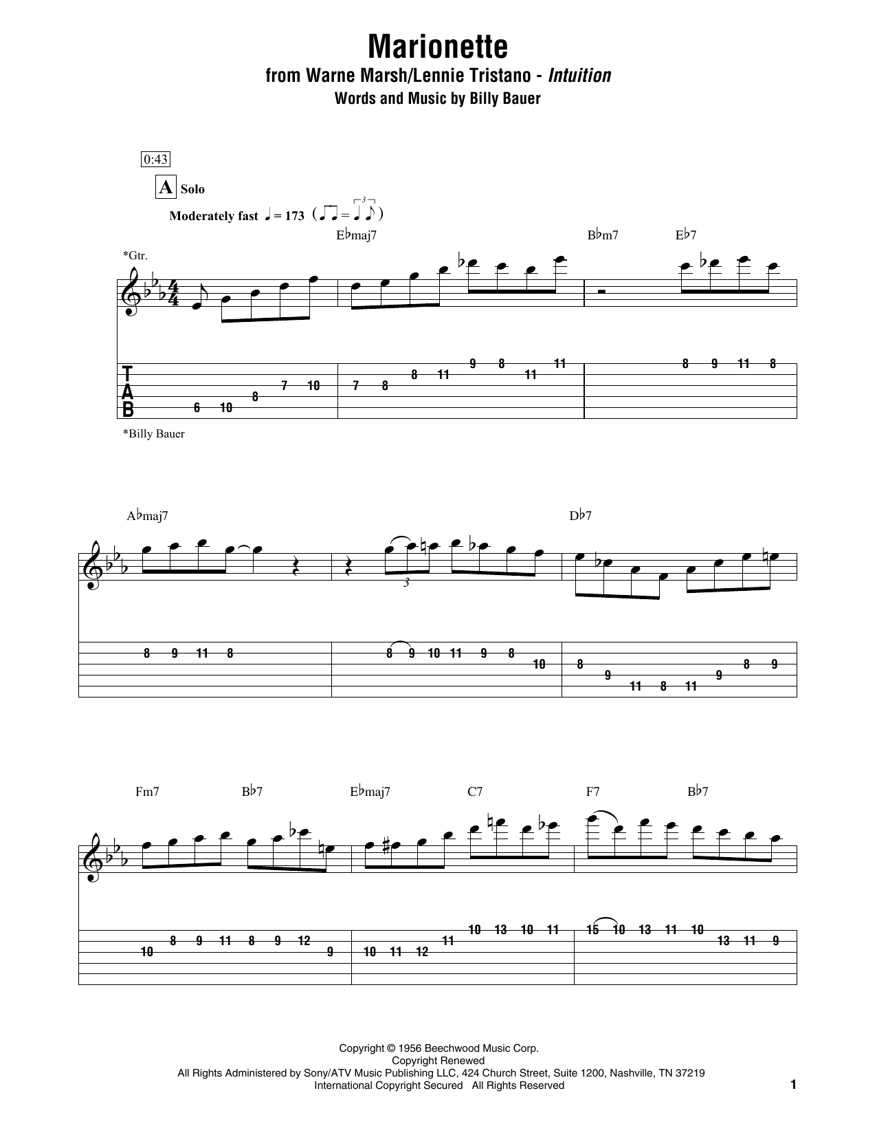 Download Warne Marsh & Lennie Tristano Marionette Sheet Music and learn how to play Electric Guitar Transcription PDF digital score in minutes