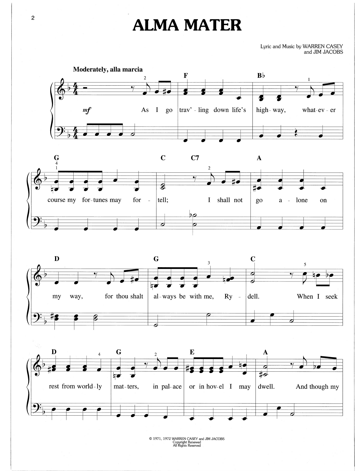 Download Warren Casey & Jim Jacobs Alma Mater (from Grease) Sheet Music and learn how to play Easy Piano PDF digital score in minutes