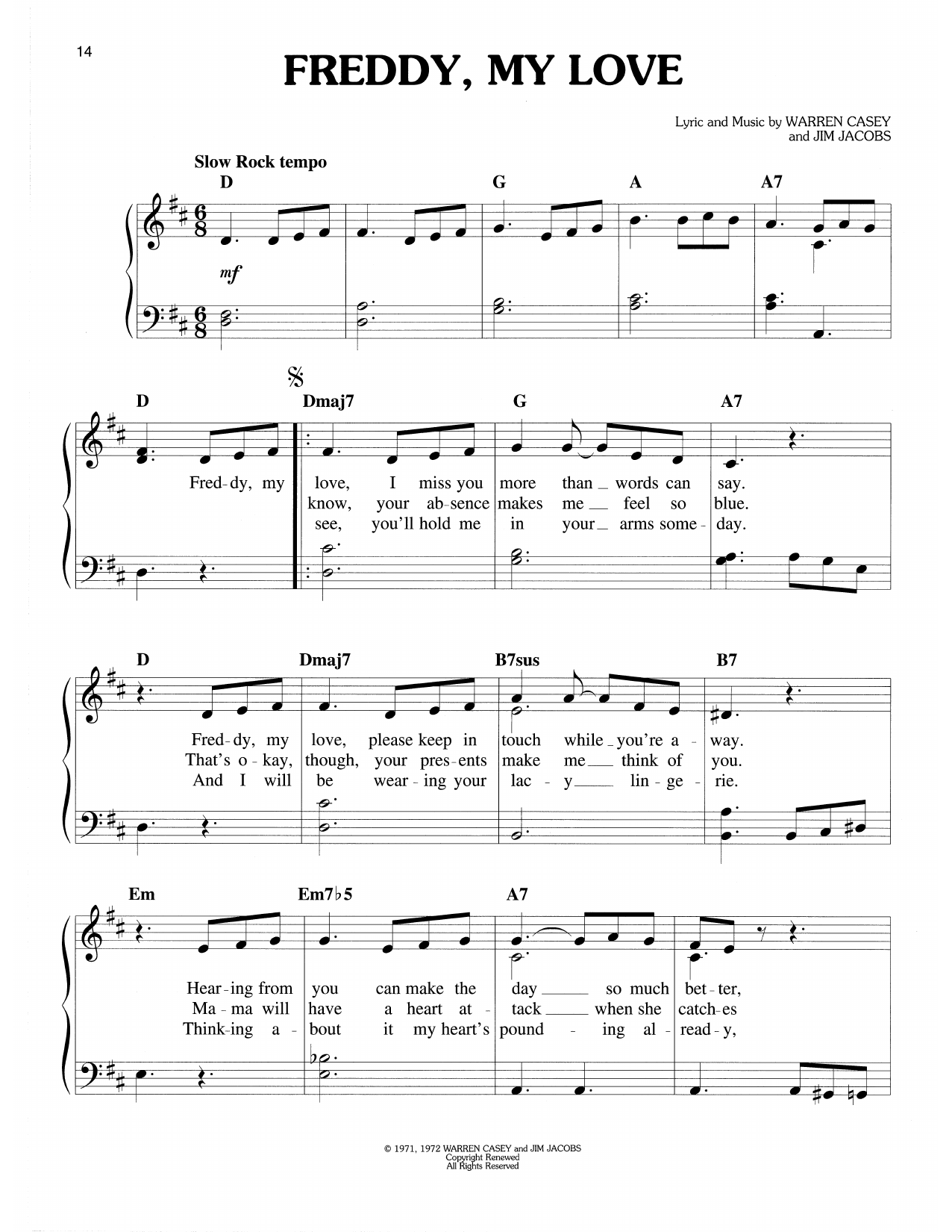 Download Warren Casey & Jim Jacobs Freddy, My Love (from Grease) Sheet Music and learn how to play Easy Piano PDF digital score in minutes