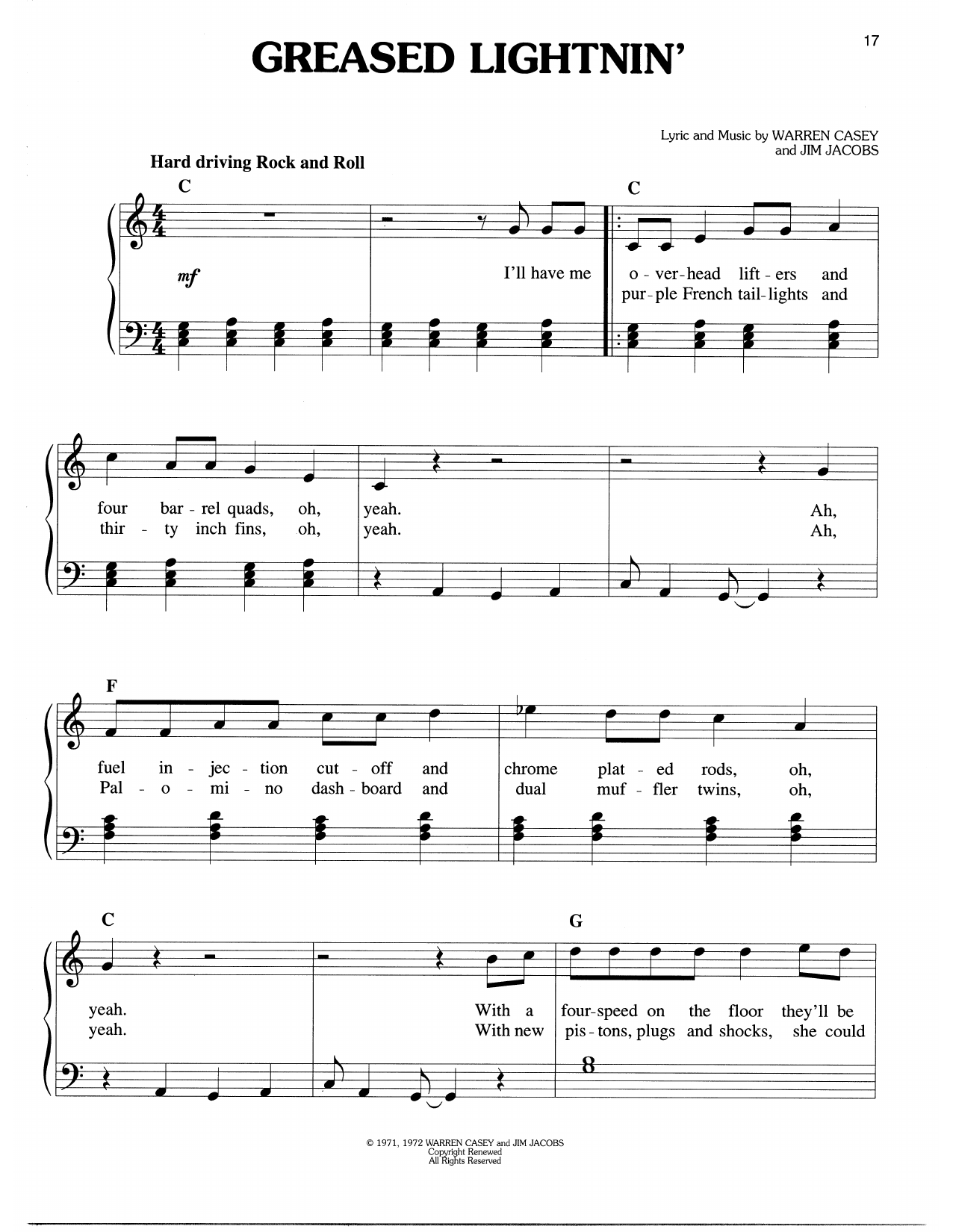 Download Warren Casey & Jim Jacobs Greased Lightnin' (from Grease) Sheet Music and learn how to play Easy Piano PDF digital score in minutes
