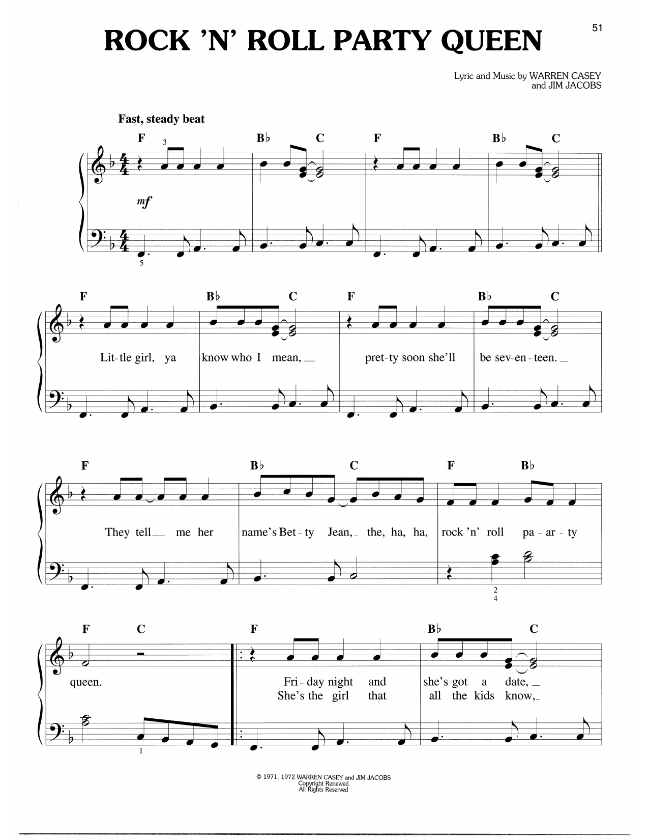 Download Warren Casey & Jim Jacobs Rock 'N' Roll Party Queen (from Grease) Sheet Music and learn how to play Easy Piano PDF digital score in minutes