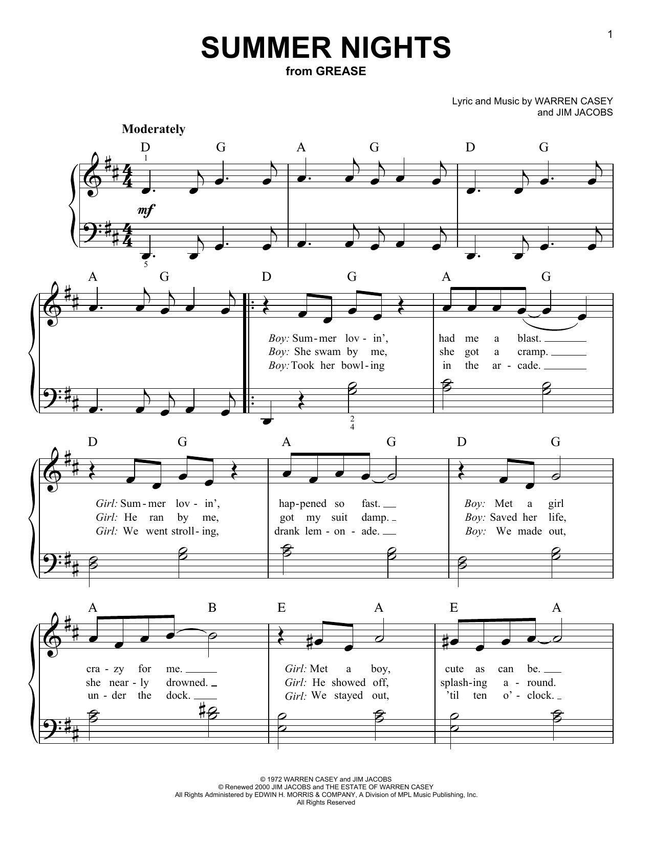 Download Warren Casey & Jim Jacobs Summer Nights (from Grease) Sheet Music and learn how to play Easy Piano PDF digital score in minutes
