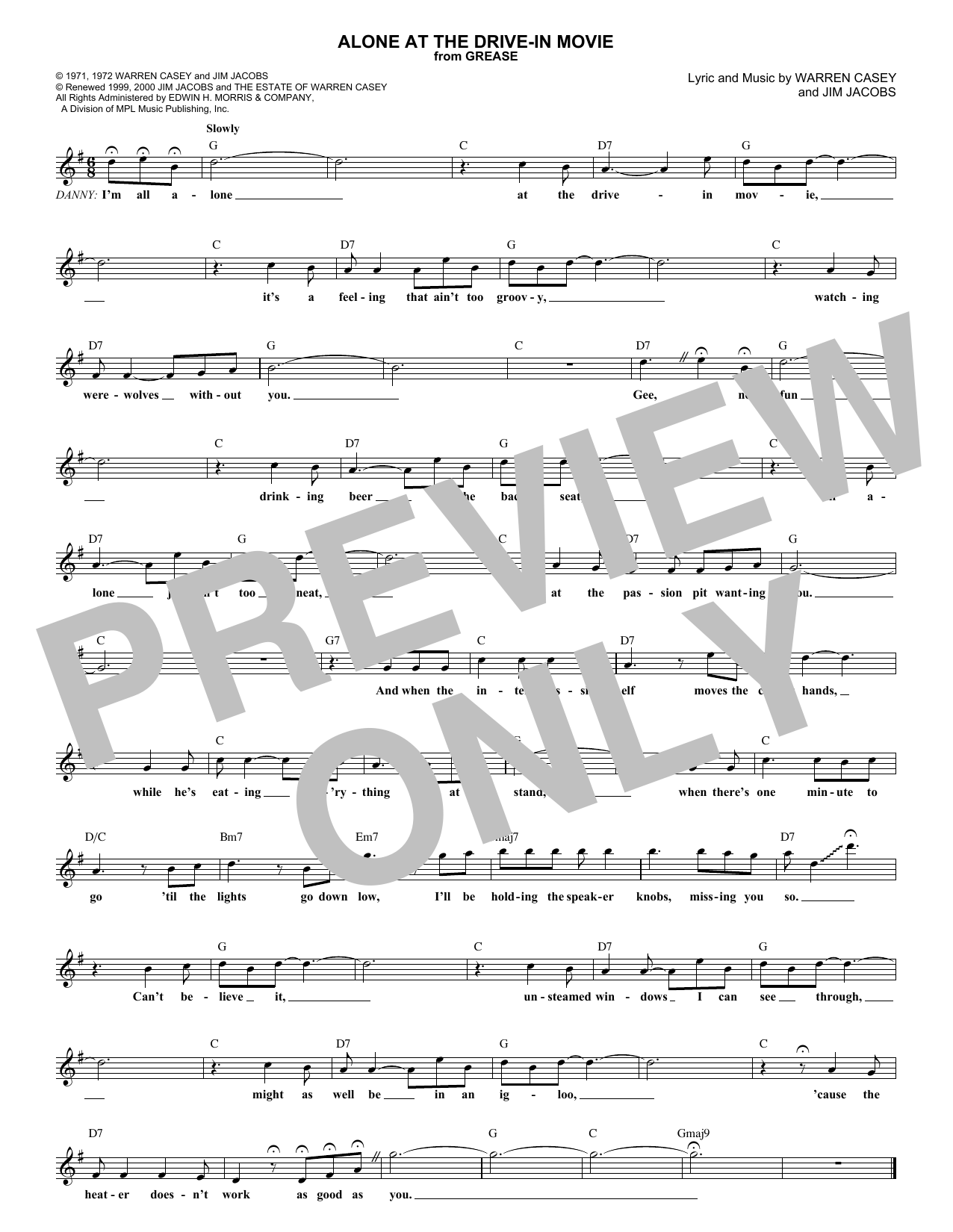 Download Warren Casey Alone At The Drive-In Movie Sheet Music and learn how to play Voice PDF digital score in minutes