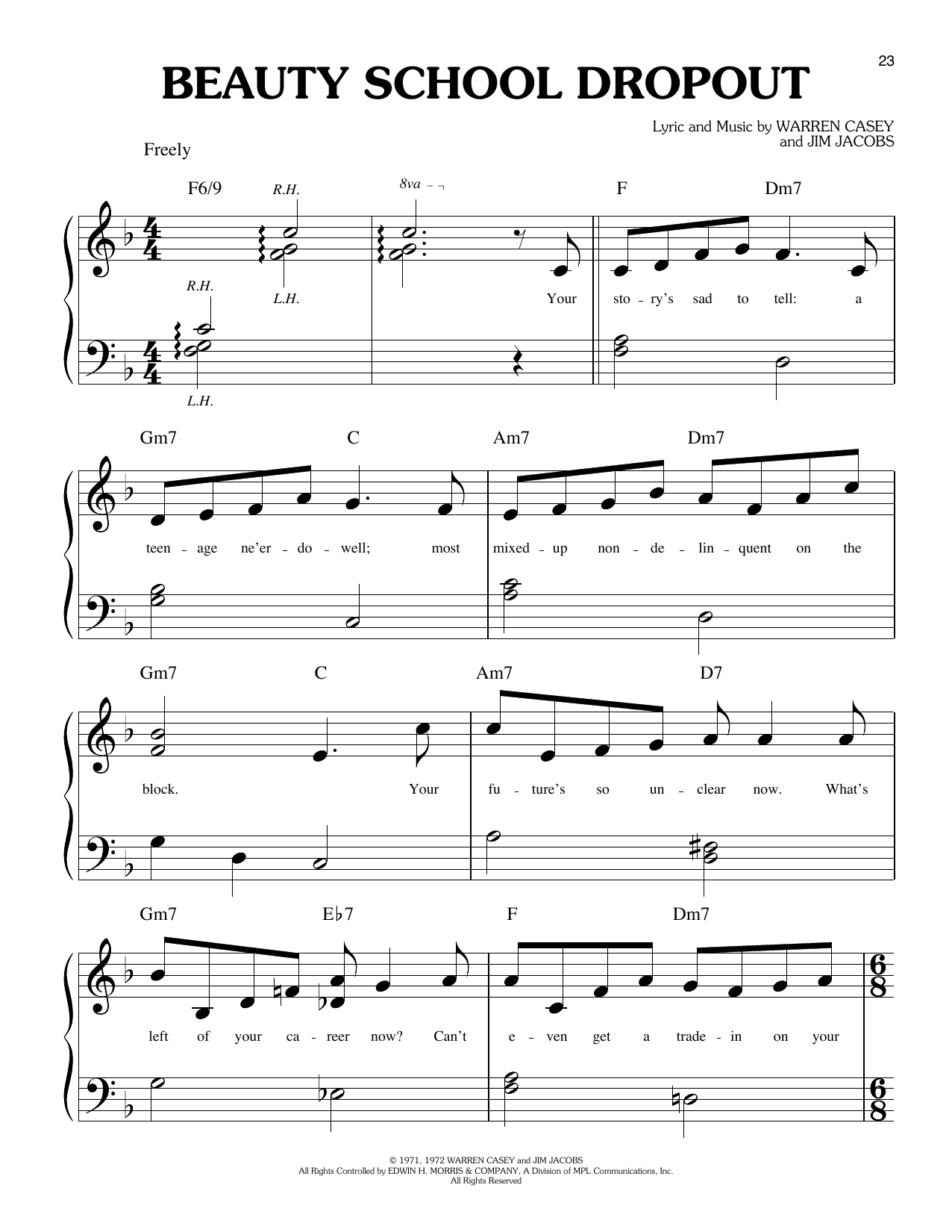 Download Warren Casey and Jim Jacobs Beauty School Dropout (from Grease) Sheet Music and learn how to play Big Note Piano PDF digital score in minutes
