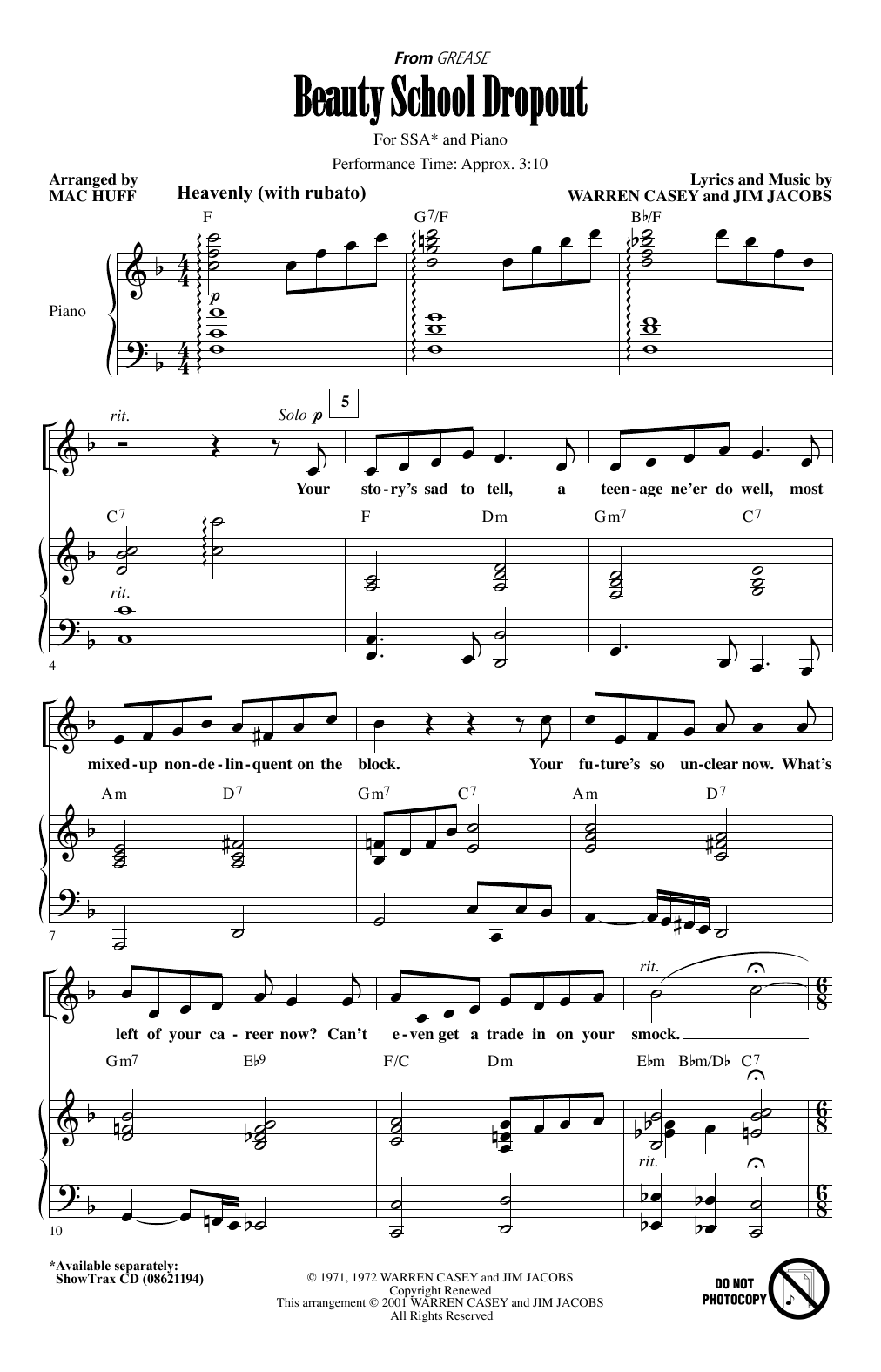 Download Warren Casey Beauty School Dropout (from Grease) (arr. Mac Huff) Sheet Music and learn how to play SSA Choir PDF digital score in minutes