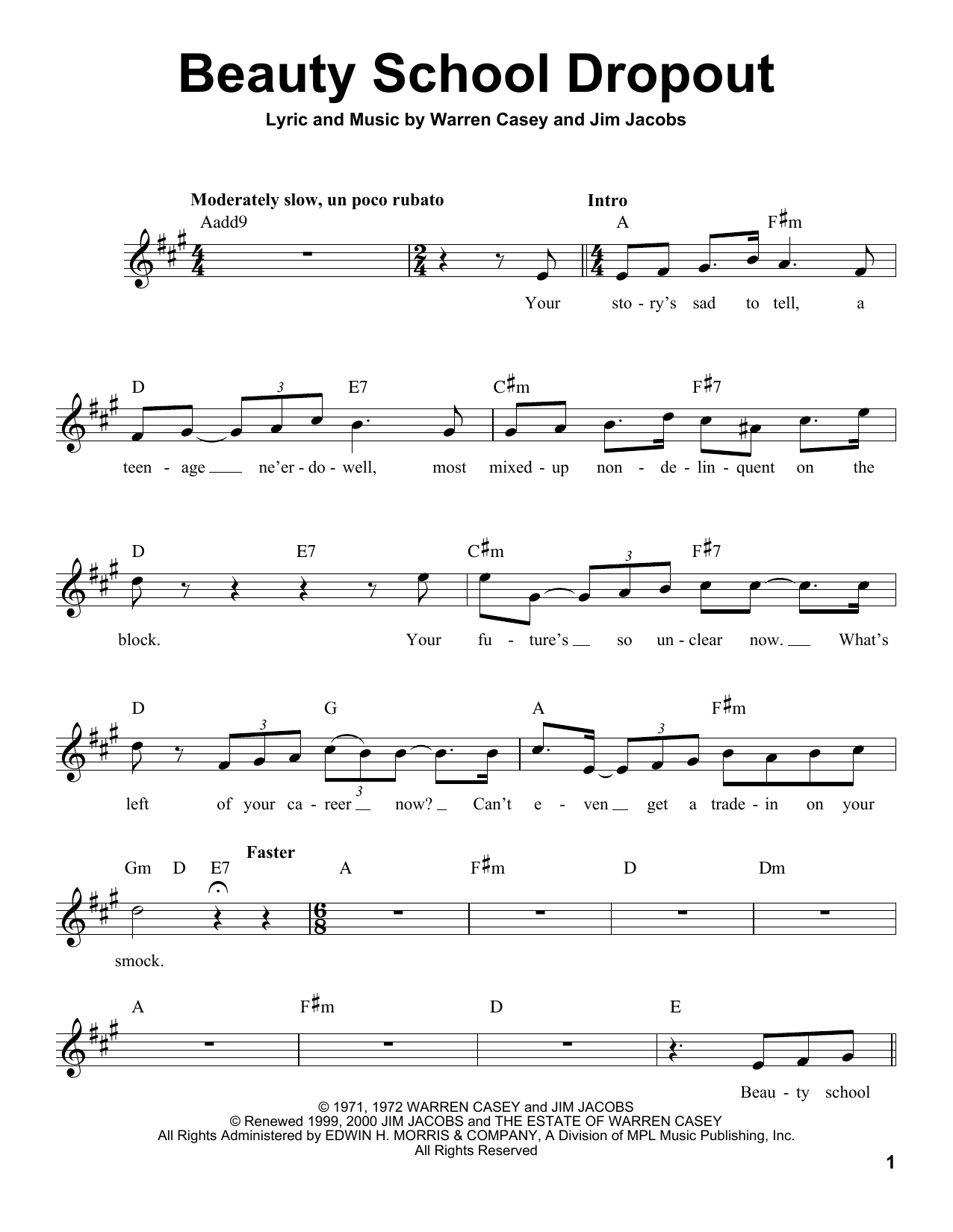 Download Warren Casey Beauty School Dropout Sheet Music and learn how to play Voice PDF digital score in minutes