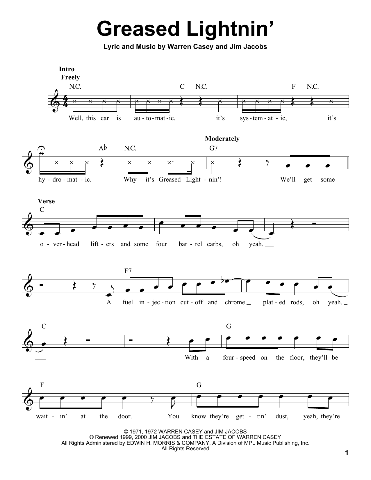 Download Warren Casey Greased Lightnin' Sheet Music and learn how to play Pro Vocal PDF digital score in minutes