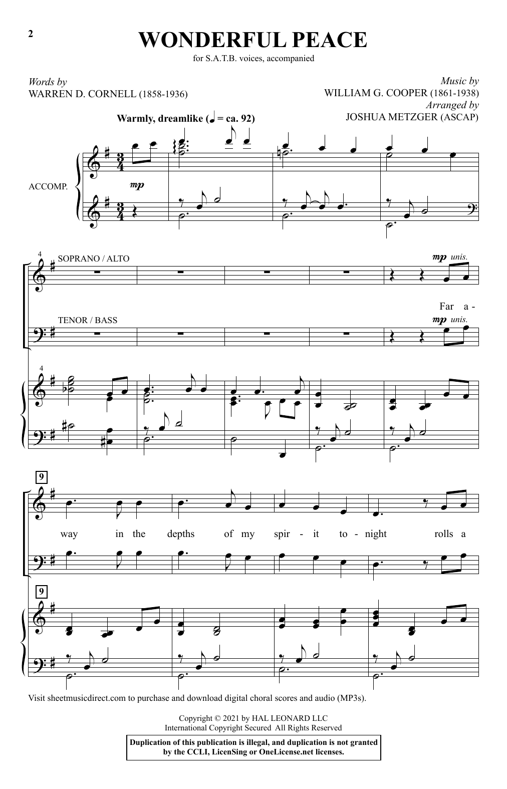 Download Warren D. Cornell and William G. Cooper Wonderful Peace (arr. Joshua Metzger) Sheet Music and learn how to play SATB Choir PDF digital score in minutes