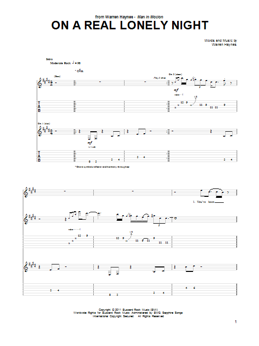 Download Warren Haynes On A Real Lonely Night Sheet Music and learn how to play Guitar Tab PDF digital score in minutes